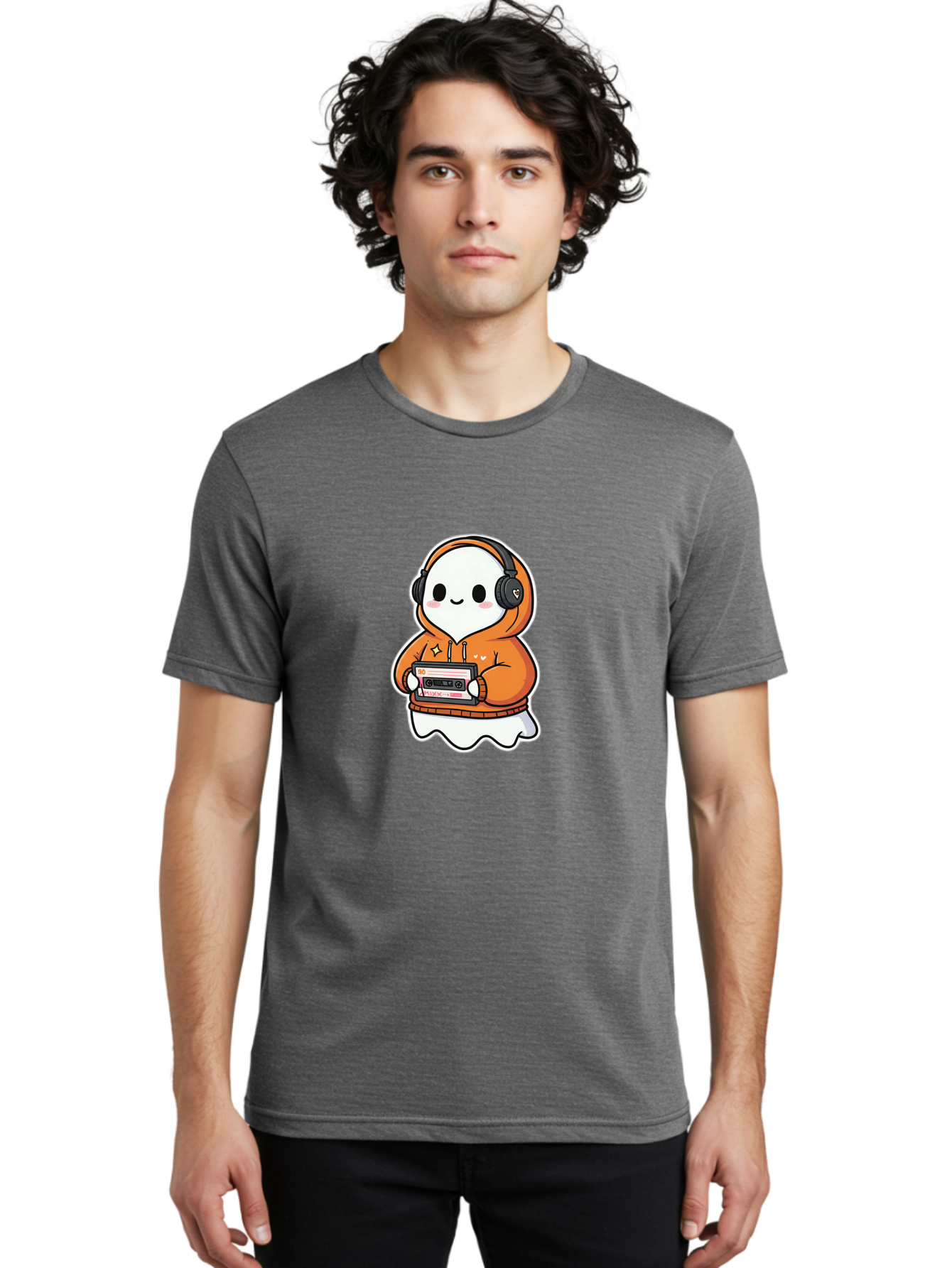 Ghost-Character-With-Cassette-Player Men'S Graphic Tee, 100% Cotton, Comfortable Casual Summer Wear, Machine Washable, Vintage Camera, Old Camera, Antique Camera, Black Camera, Classic Photography, Photography Equipment, Nostalgic Device, Bam512