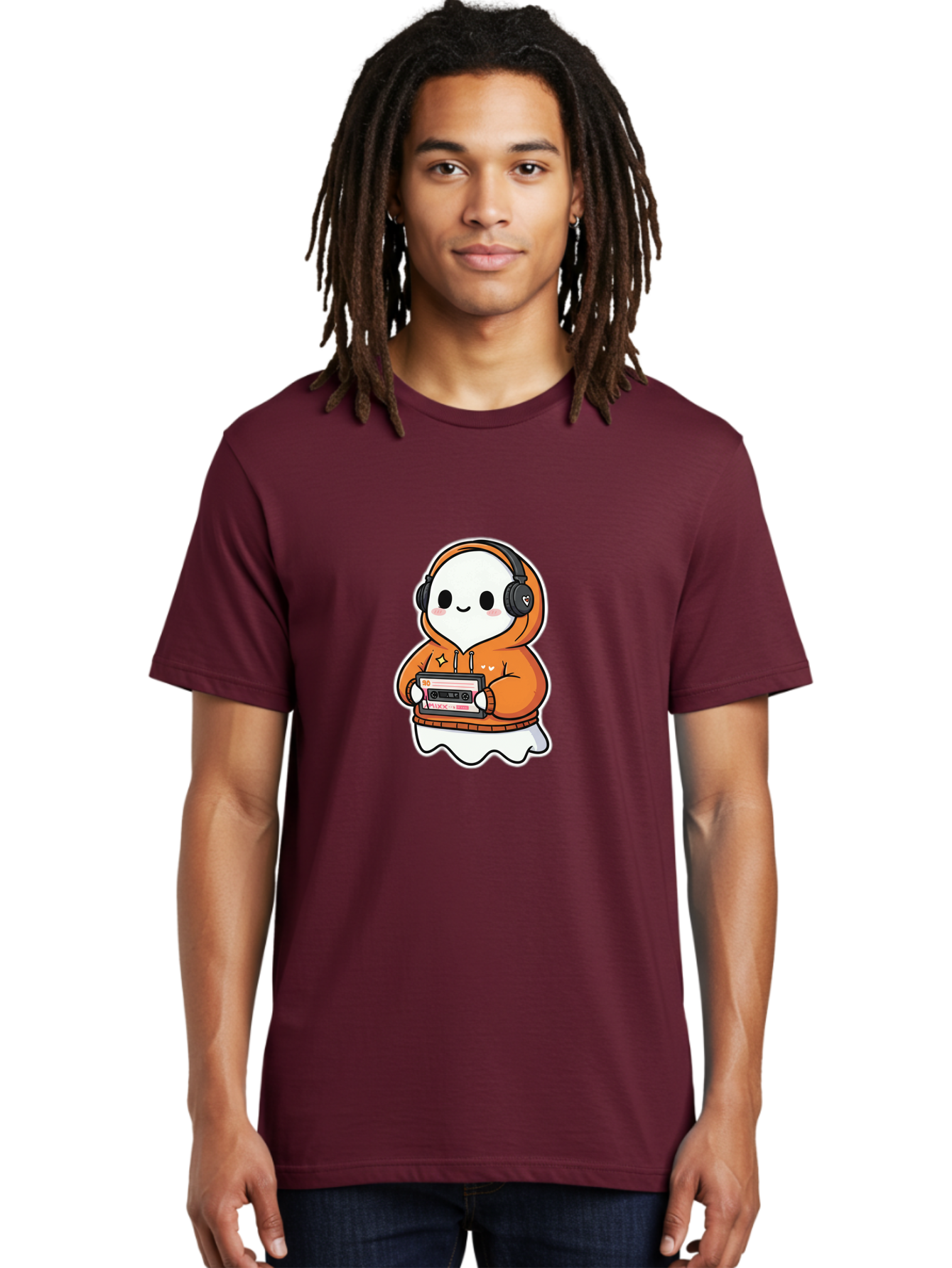 Ghost-Character-With-Cassette-Player Men'S Graphic Tee, 100% Cotton, Comfortable Casual Summer Wear, Machine Washable, Vintage Camera, Old Camera, Antique Camera, Black Camera, Classic Photography, Photography Equipment, Nostalgic Device, Bam512