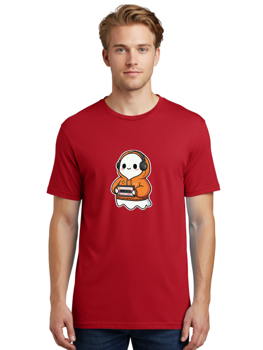 Ghost-Character-With-Cassette-Player Men'S Graphic Tee, 100% Cotton, Comfortable Casual Summer Wear, Machine Washable, Vintage Camera, Old Camera, Antique Camera, Black Camera, Classic Photography, Photography Equipment, Nostalgic Device, Bam512