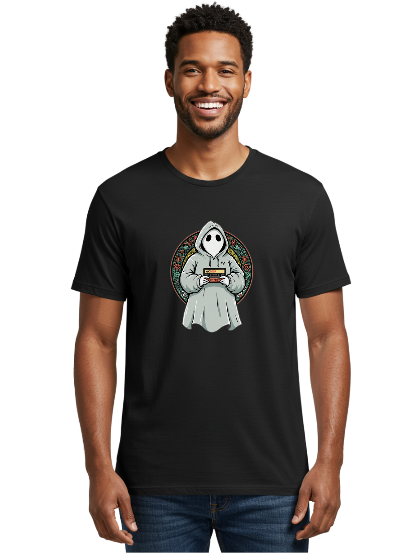 Ghost-Holding-Game-Cartridge Men'S Graphic Tee, 100% Cotton, Comfortable Casual Summer Wear, Machine Washable, Vintage Camera, Old Camera, Antique Camera, Black Camera, Classic Photography, Photography Equipment, Nostalgic Device, Film Camera, Bam514