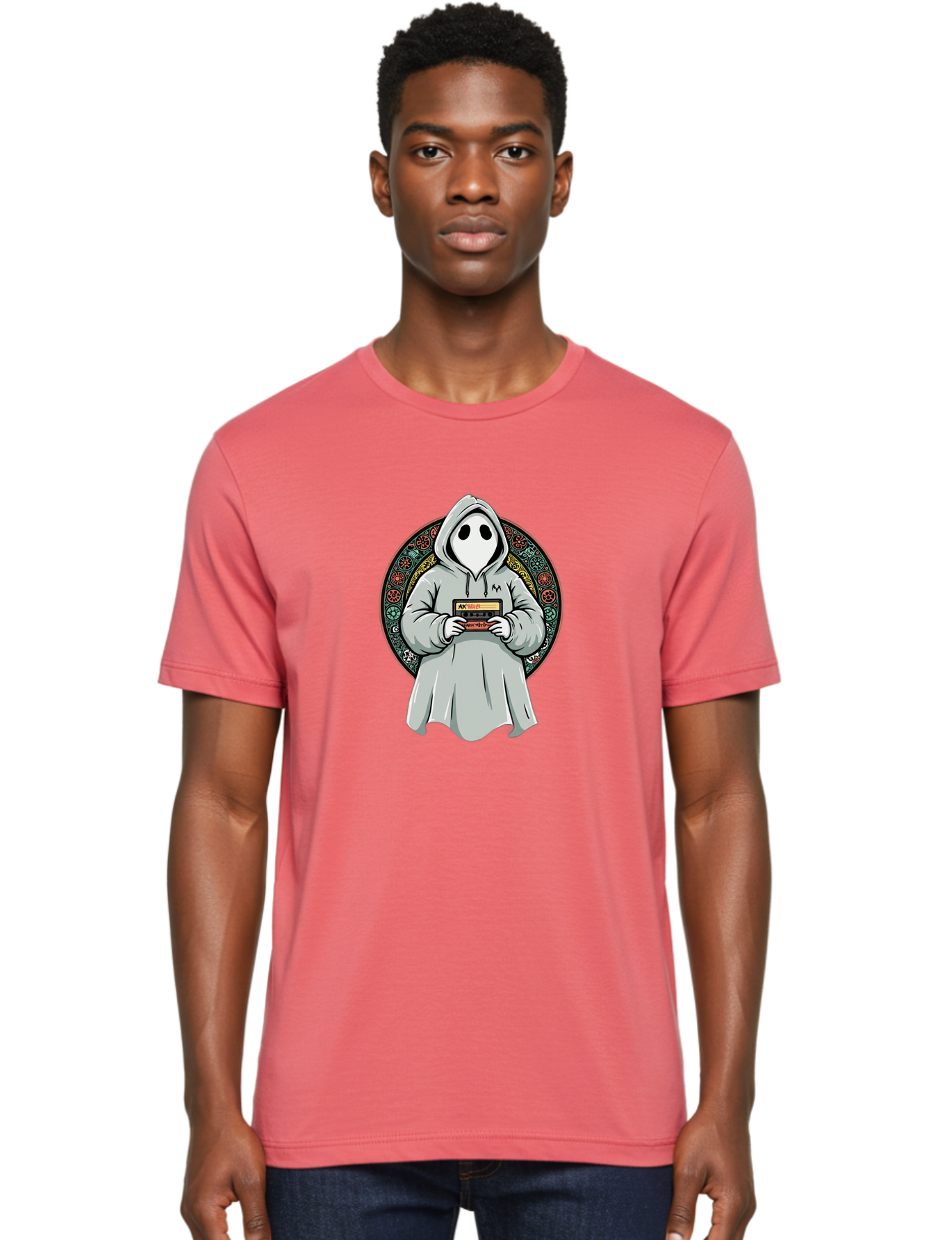 Ghost-Holding-Game-Cartridge Men'S Graphic Tee, 100% Cotton, Comfortable Casual Summer Wear, Machine Washable, Vintage Camera, Old Camera, Antique Camera, Black Camera, Classic Photography, Photography Equipment, Nostalgic Device, Film Camera, Bam514