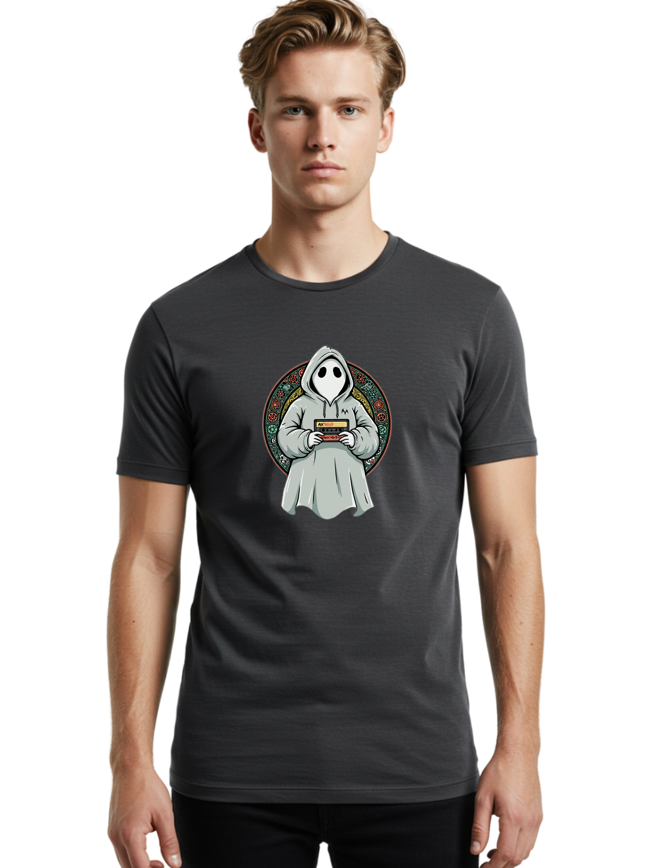 Ghost-Holding-Game-Cartridge Men'S Graphic Tee, 100% Cotton, Comfortable Casual Summer Wear, Machine Washable, Vintage Camera, Old Camera, Antique Camera, Black Camera, Classic Photography, Photography Equipment, Nostalgic Device, Film Camera, Bam514