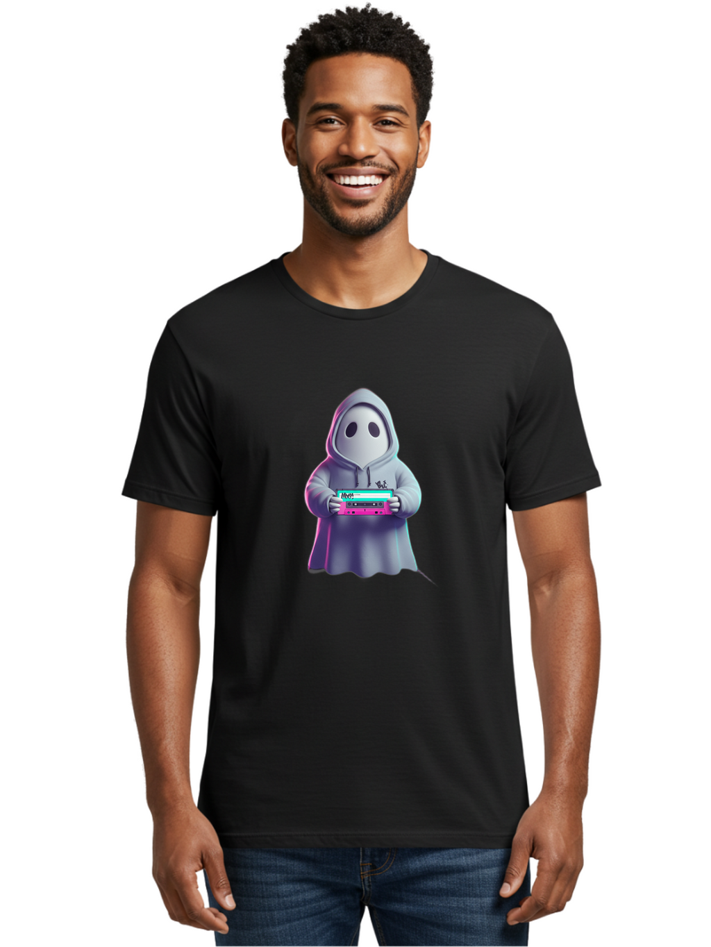 Ghost-In-Hooded-Robe-Holding-Synthesizer Men'S Graphic Tee, 100% Cotton, Comfortable Casual Summer Wear, Machine Washable, Vintage Camera, Old Camera, Antique Camera, Black Camera, Classic Photography, Photography Equipment, Nostalgic Device, Bam516
