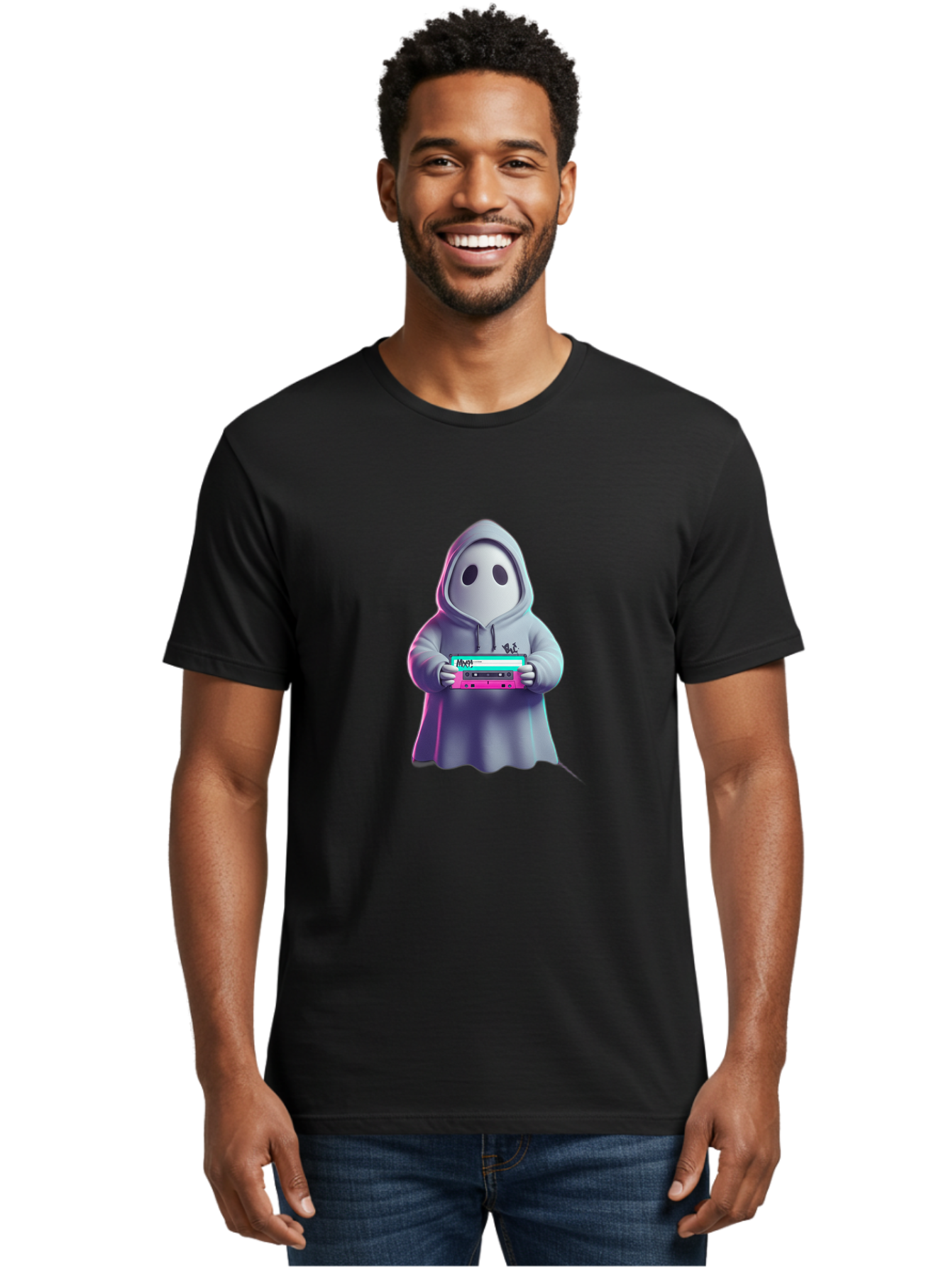 Ghost-In-Hooded-Robe-Holding-Synthesizer Men'S Graphic Tee, 100% Cotton, Comfortable Casual Summer Wear, Machine Washable, Vintage Camera, Old Camera, Antique Camera, Black Camera, Classic Photography, Photography Equipment, Nostalgic Device, Bam516