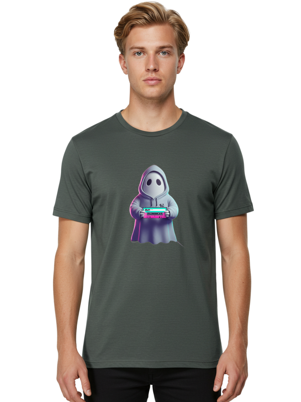Ghost-In-Hooded-Robe-Holding-Synthesizer Men'S Graphic Tee, 100% Cotton, Comfortable Casual Summer Wear, Machine Washable, Vintage Camera, Old Camera, Antique Camera, Black Camera, Classic Photography, Photography Equipment, Nostalgic Device, Bam516