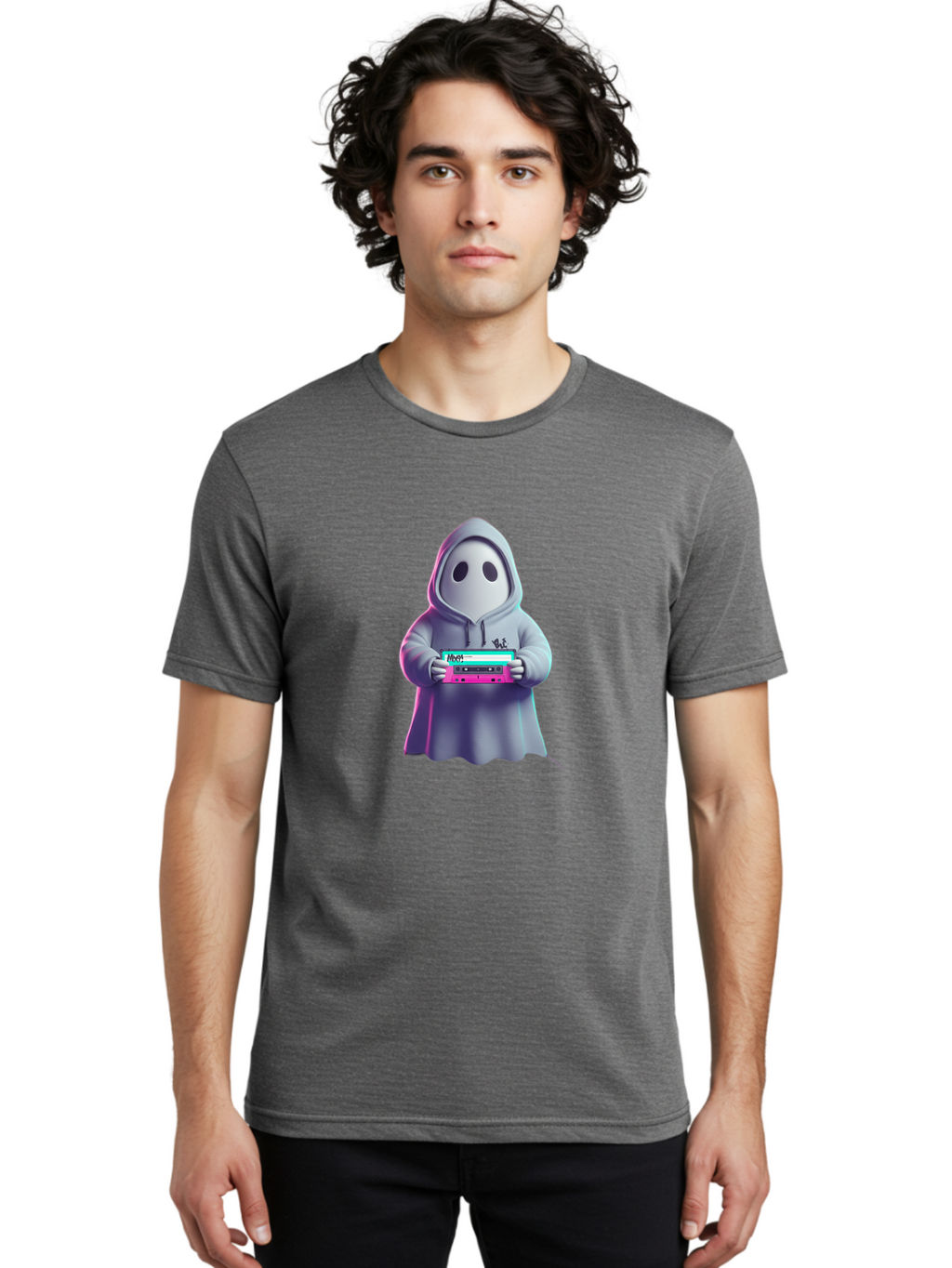 Ghost-In-Hooded-Robe-Holding-Synthesizer Men'S Graphic Tee, 100% Cotton, Comfortable Casual Summer Wear, Machine Washable, Vintage Camera, Old Camera, Antique Camera, Black Camera, Classic Photography, Photography Equipment, Nostalgic Device, Bam516