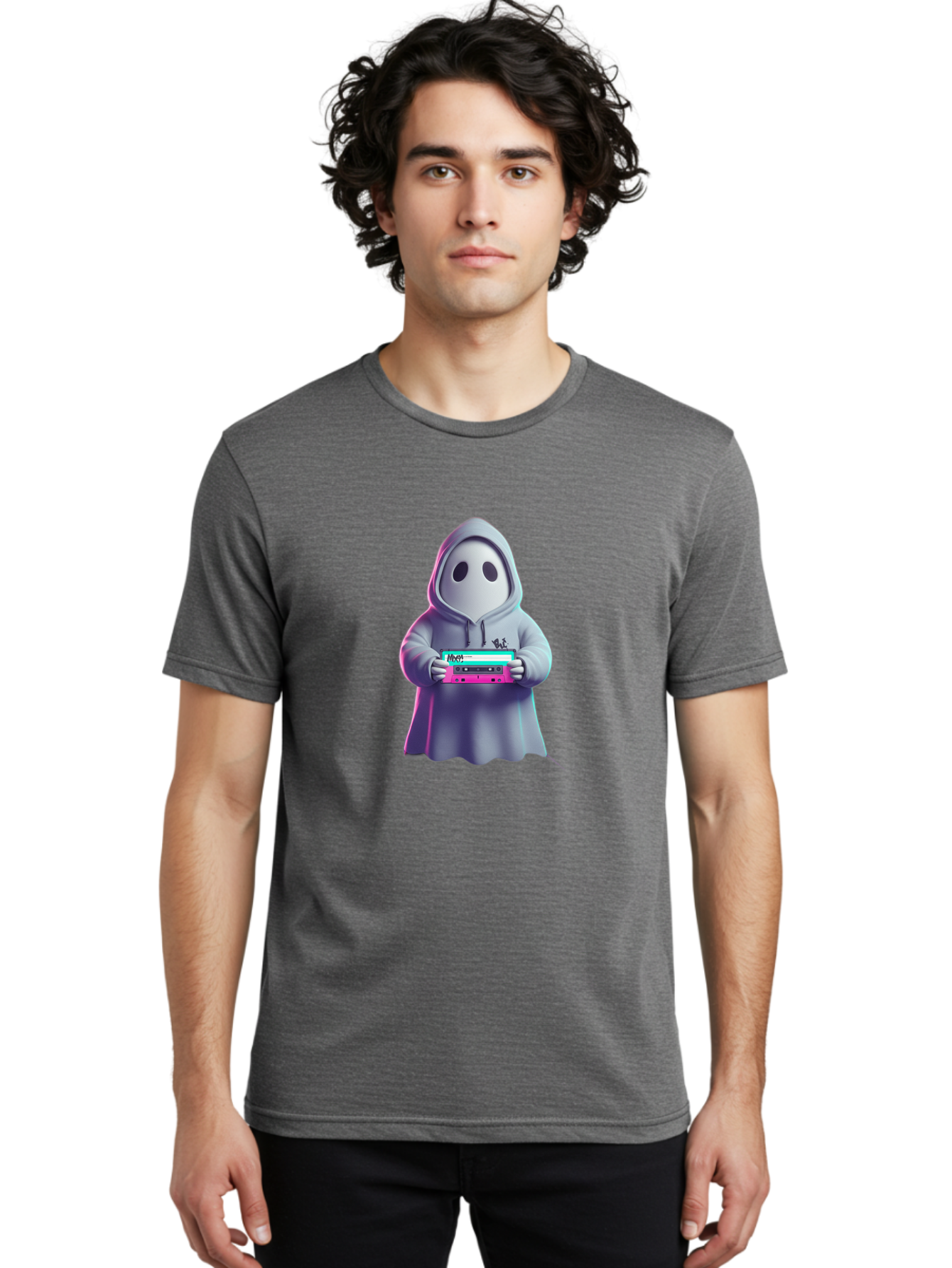 Ghost-In-Hooded-Robe-Holding-Synthesizer Men'S Graphic Tee, 100% Cotton, Comfortable Casual Summer Wear, Machine Washable, Vintage Camera, Old Camera, Antique Camera, Black Camera, Classic Photography, Photography Equipment, Nostalgic Device, Bam516