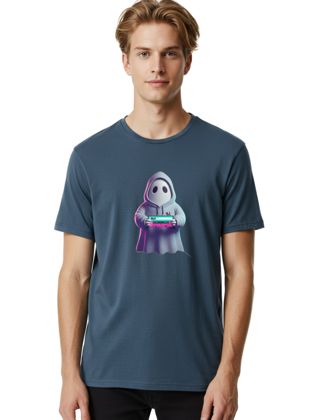 Ghost-In-Hooded-Robe-Holding-Synthesizer Men'S Graphic Tee, 100% Cotton, Comfortable Casual Summer Wear, Machine Washable, Vintage Camera, Old Camera, Antique Camera, Black Camera, Classic Photography, Photography Equipment, Nostalgic Device, Bam516