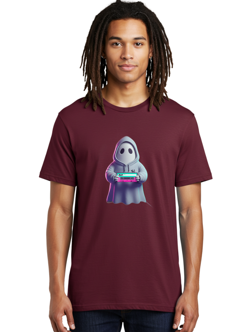 Ghost-In-Hooded-Robe-Holding-Synthesizer Men'S Graphic Tee, 100% Cotton, Comfortable Casual Summer Wear, Machine Washable, Vintage Camera, Old Camera, Antique Camera, Black Camera, Classic Photography, Photography Equipment, Nostalgic Device, Bam516
