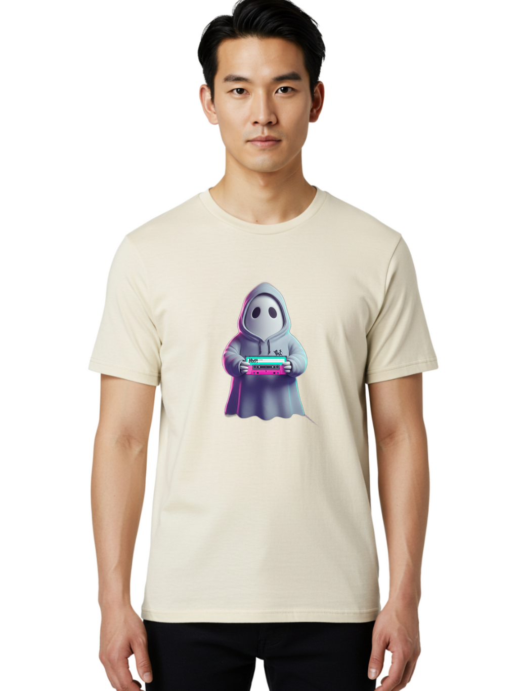 Ghost-In-Hooded-Robe-Holding-Synthesizer Men'S Graphic Tee, 100% Cotton, Comfortable Casual Summer Wear, Machine Washable, Vintage Camera, Old Camera, Antique Camera, Black Camera, Classic Photography, Photography Equipment, Nostalgic Device, Bam516