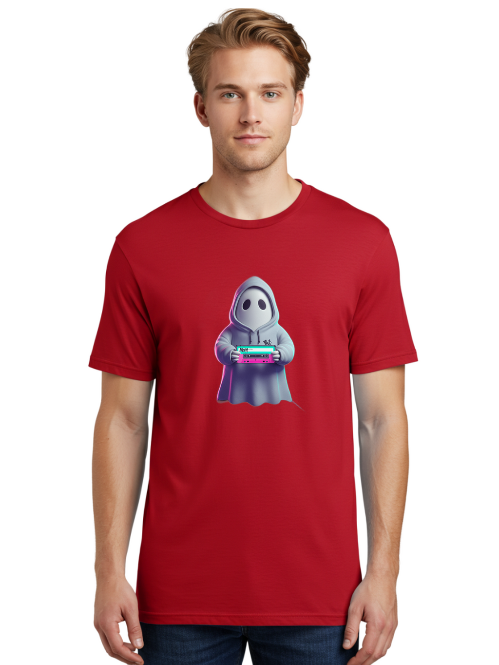 Ghost-In-Hooded-Robe-Holding-Synthesizer Men'S Graphic Tee, 100% Cotton, Comfortable Casual Summer Wear, Machine Washable, Vintage Camera, Old Camera, Antique Camera, Black Camera, Classic Photography, Photography Equipment, Nostalgic Device, Bam516