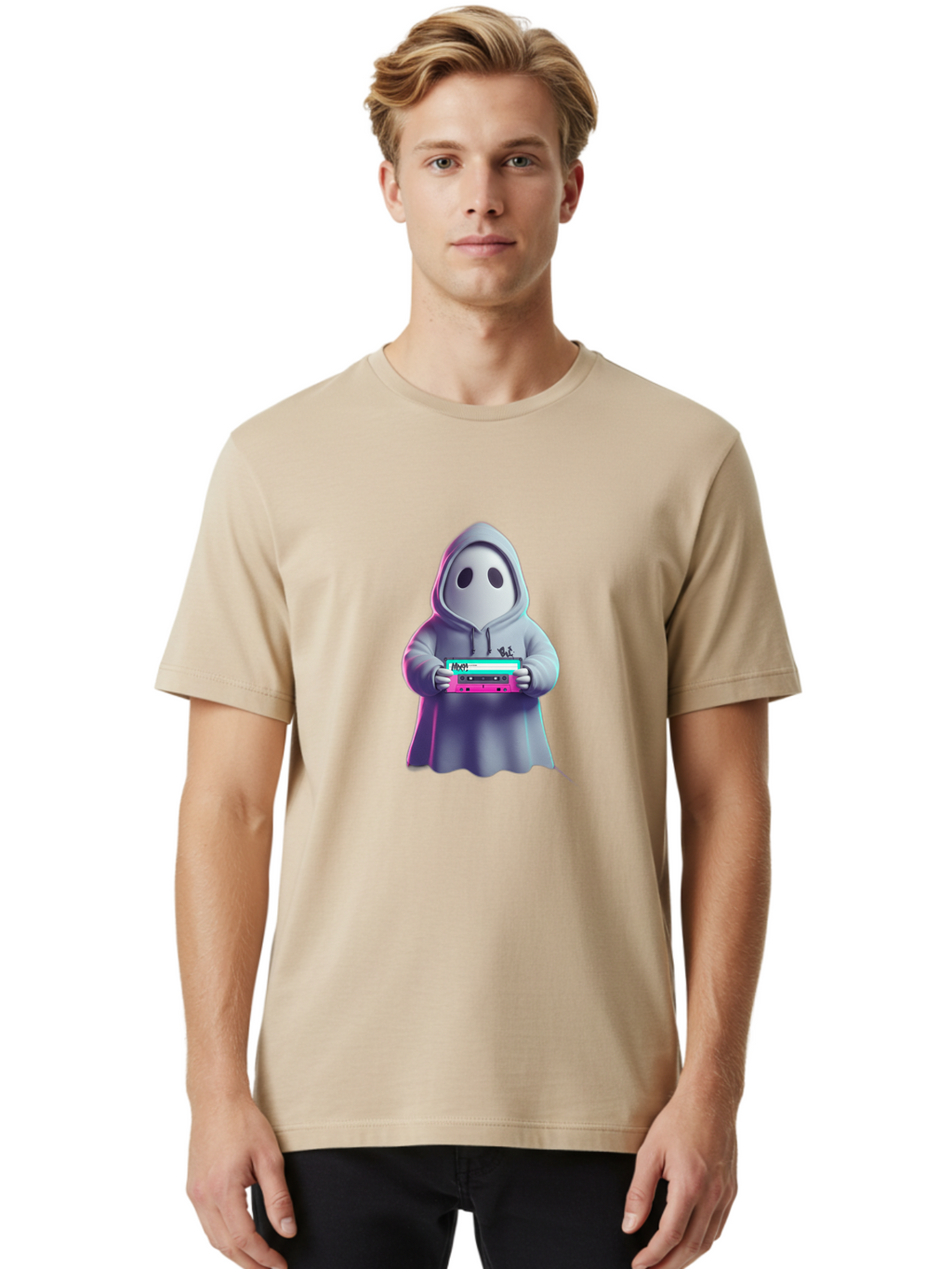 Ghost-In-Hooded-Robe-Holding-Synthesizer Men'S Graphic Tee, 100% Cotton, Comfortable Casual Summer Wear, Machine Washable, Vintage Camera, Old Camera, Antique Camera, Black Camera, Classic Photography, Photography Equipment, Nostalgic Device, Bam516