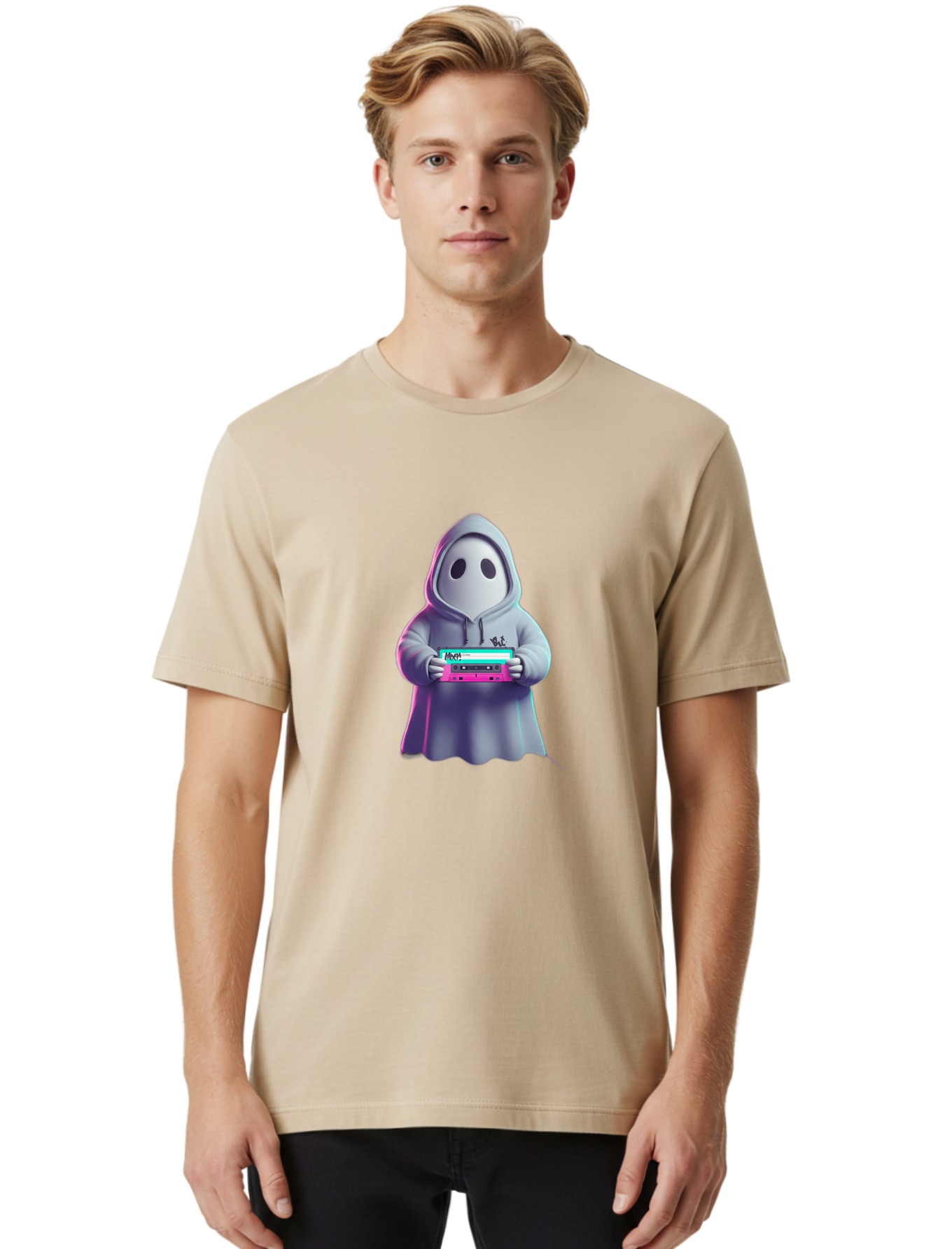 Ghost-In-Hooded-Robe-Holding-Synthesizer Men'S Graphic Tee, 100% Cotton, Comfortable Casual Summer Wear, Machine Washable, Vintage Camera, Old Camera, Antique Camera, Black Camera, Classic Photography, Photography Equipment, Nostalgic Device, Bam516