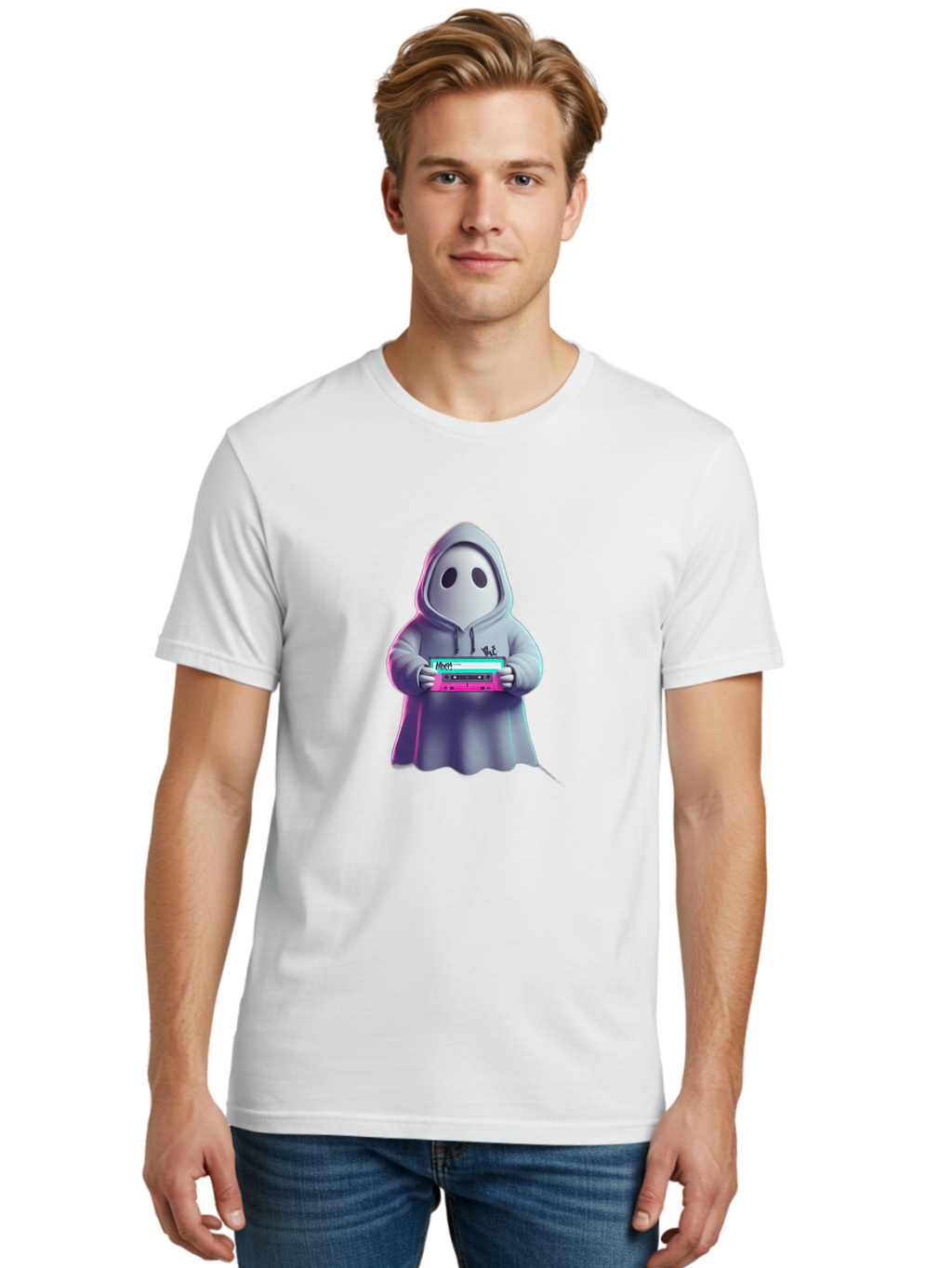 Ghost-In-Hooded-Robe-Holding-Synthesizer Men'S Graphic Tee, 100% Cotton, Comfortable Casual Summer Wear, Machine Washable, Vintage Camera, Old Camera, Antique Camera, Black Camera, Classic Photography, Photography Equipment, Nostalgic Device, Bam516