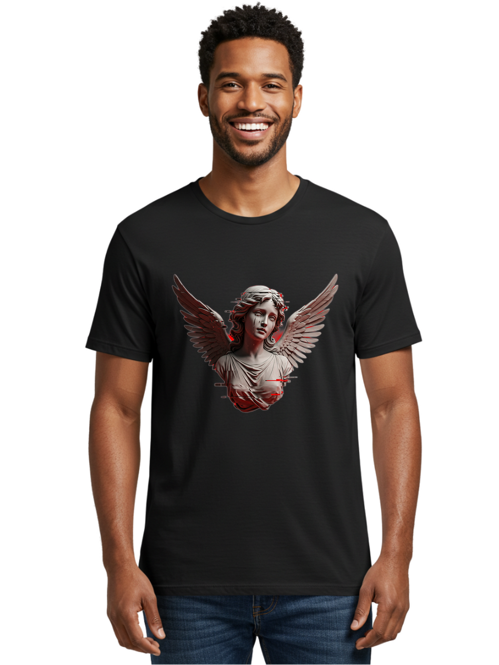 Glitch-Angel-Statue Men'S Graphic Tee, 100% Cotton, Comfortable Casual Summer Wear, Machine Washable, Vintage Camera, Old Camera, Antique Camera, Black Camera, Classic Photography, Photography Equipment, Nostalgic Device, Film Camera, Bam548