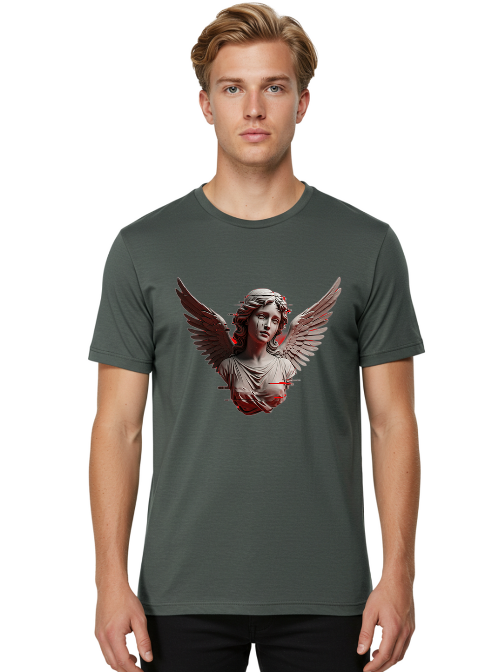 Glitch-Angel-Statue Men'S Graphic Tee, 100% Cotton, Comfortable Casual Summer Wear, Machine Washable, Vintage Camera, Old Camera, Antique Camera, Black Camera, Classic Photography, Photography Equipment, Nostalgic Device, Film Camera, Bam548