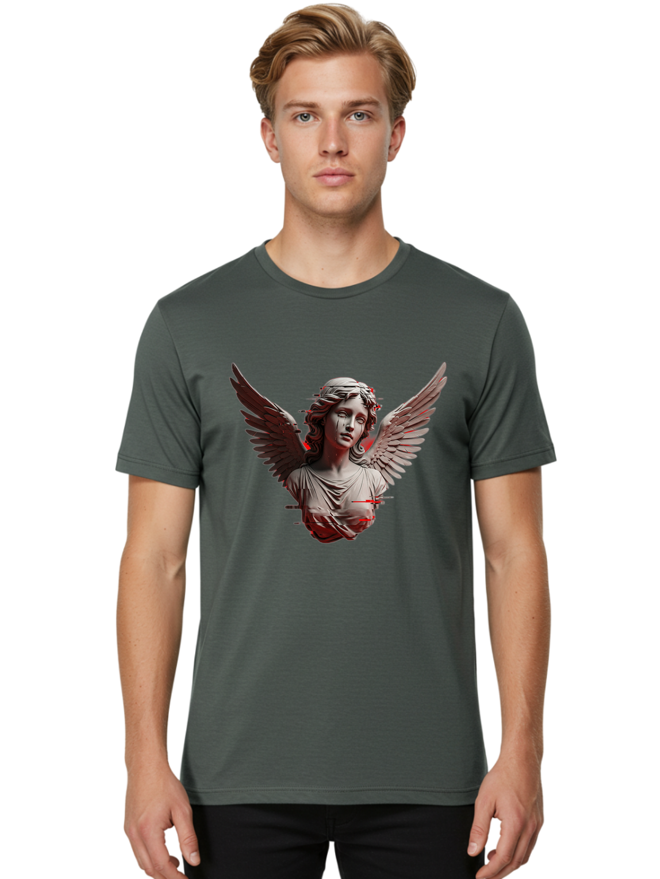 Glitch-Angel-Statue Men'S Graphic Tee, 100% Cotton, Comfortable Casual Summer Wear, Machine Washable, Vintage Camera, Old Camera, Antique Camera, Black Camera, Classic Photography, Photography Equipment, Nostalgic Device, Film Camera, Bam548