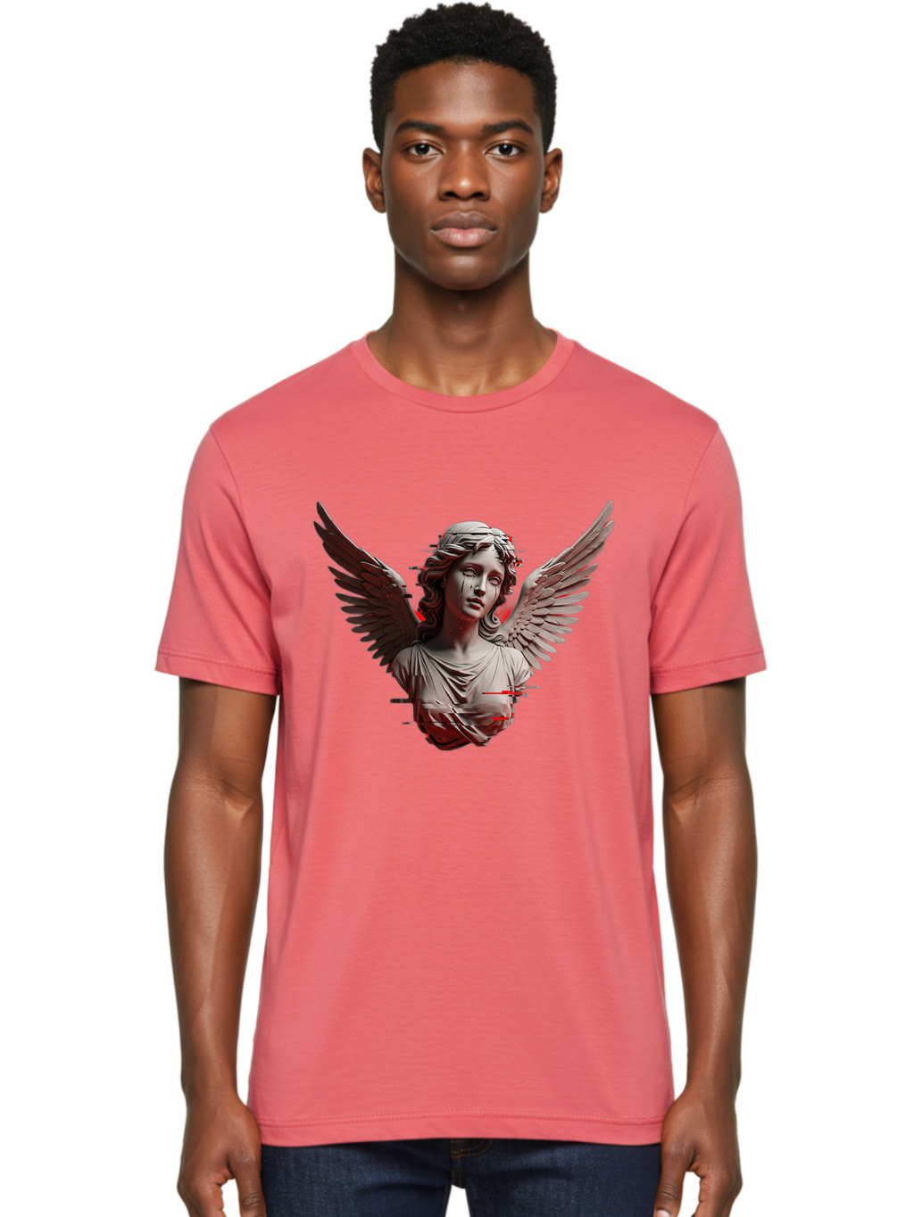 Glitch-Angel-Statue Men'S Graphic Tee, 100% Cotton, Comfortable Casual Summer Wear, Machine Washable, Vintage Camera, Old Camera, Antique Camera, Black Camera, Classic Photography, Photography Equipment, Nostalgic Device, Film Camera, Bam548