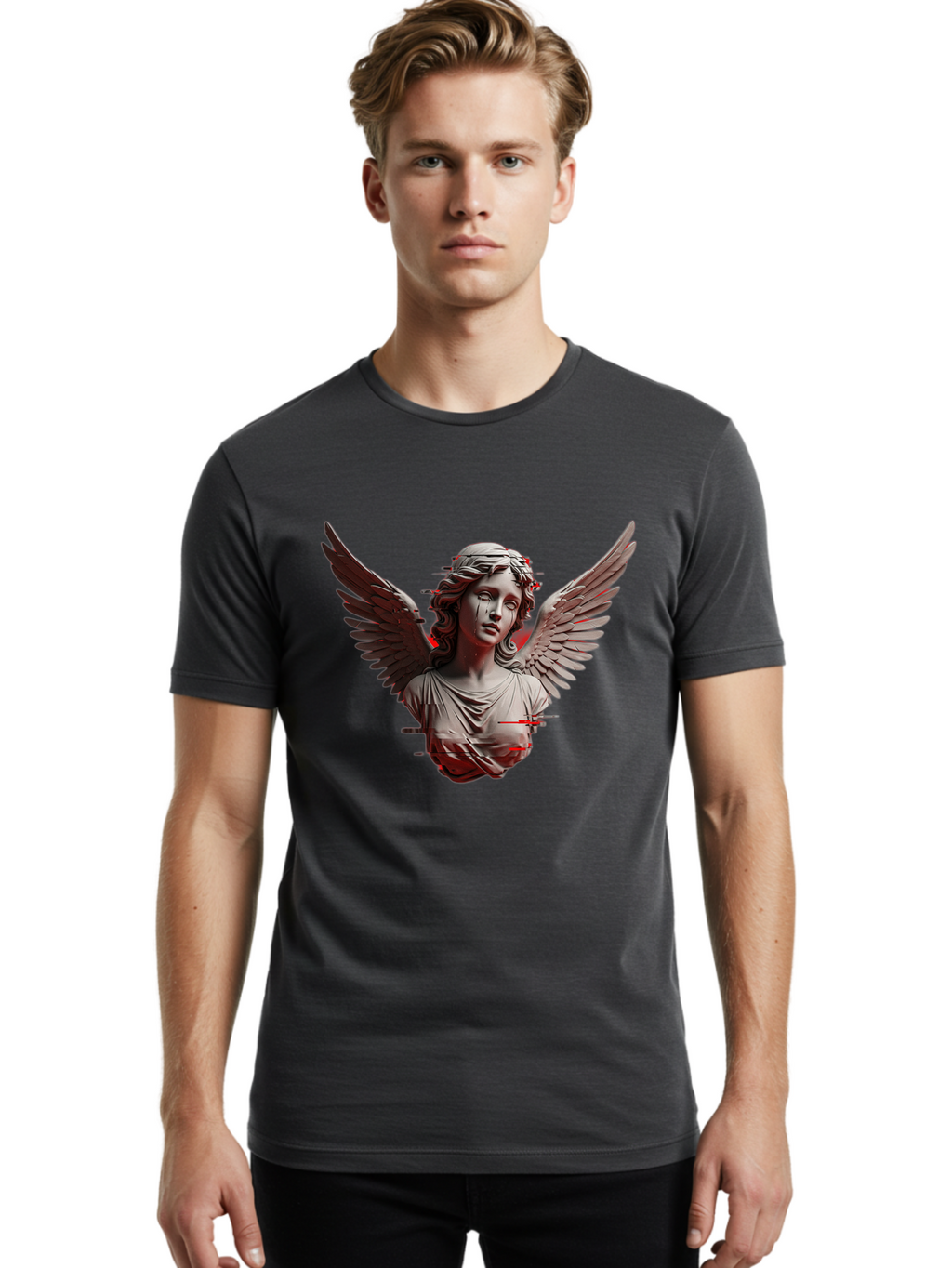 Glitch-Angel-Statue Men'S Graphic Tee, 100% Cotton, Comfortable Casual Summer Wear, Machine Washable, Vintage Camera, Old Camera, Antique Camera, Black Camera, Classic Photography, Photography Equipment, Nostalgic Device, Film Camera, Bam548
