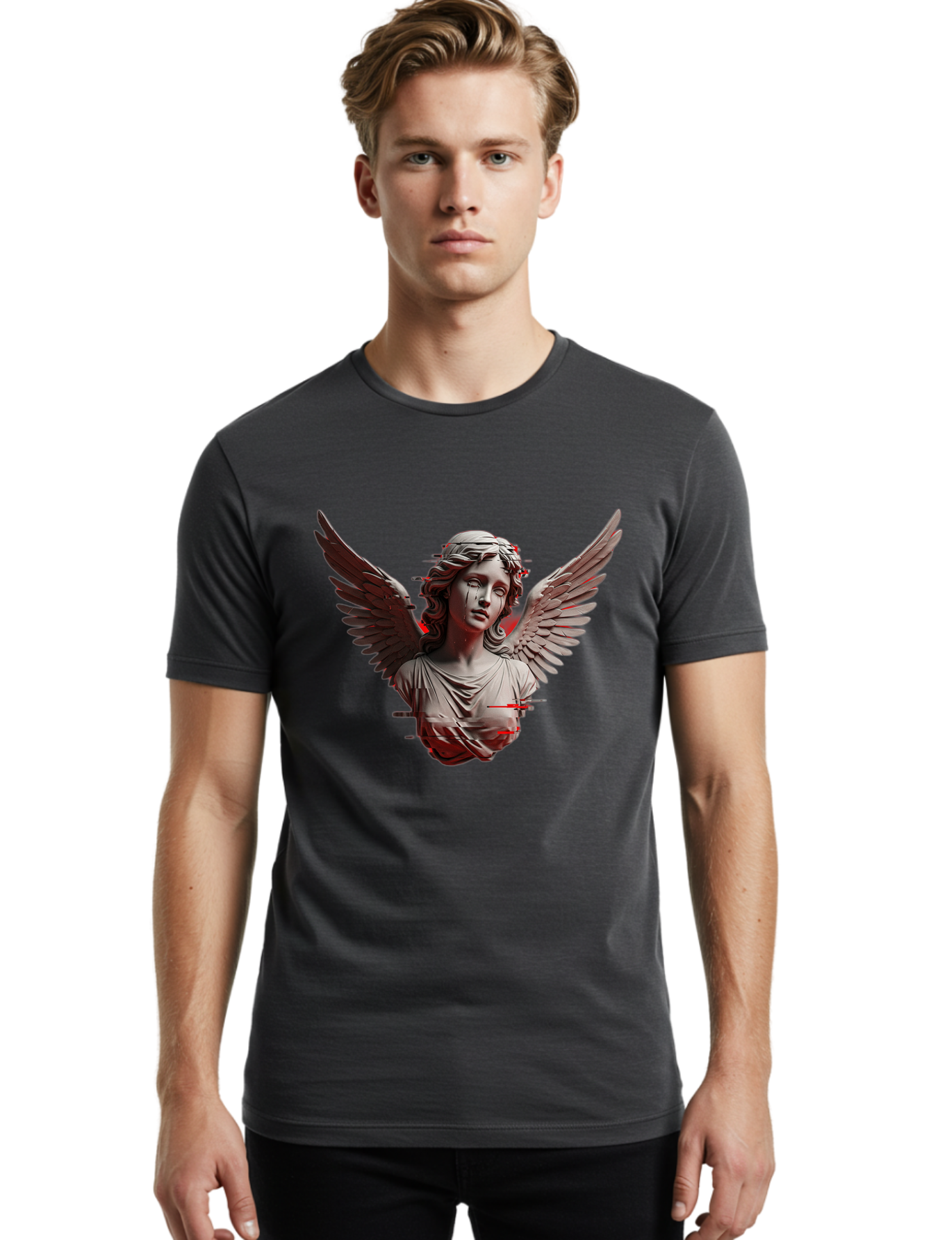 Glitch-Angel-Statue Men'S Graphic Tee, 100% Cotton, Comfortable Casual Summer Wear, Machine Washable, Vintage Camera, Old Camera, Antique Camera, Black Camera, Classic Photography, Photography Equipment, Nostalgic Device, Film Camera, Bam548