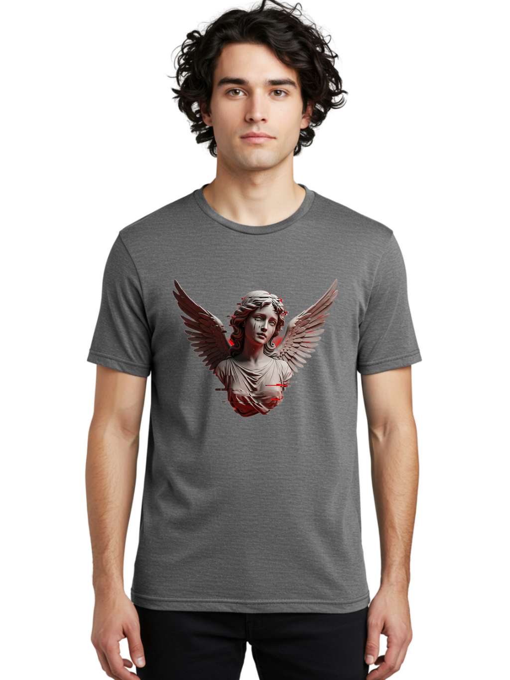 Glitch-Angel-Statue Men'S Graphic Tee, 100% Cotton, Comfortable Casual Summer Wear, Machine Washable, Vintage Camera, Old Camera, Antique Camera, Black Camera, Classic Photography, Photography Equipment, Nostalgic Device, Film Camera, Bam548