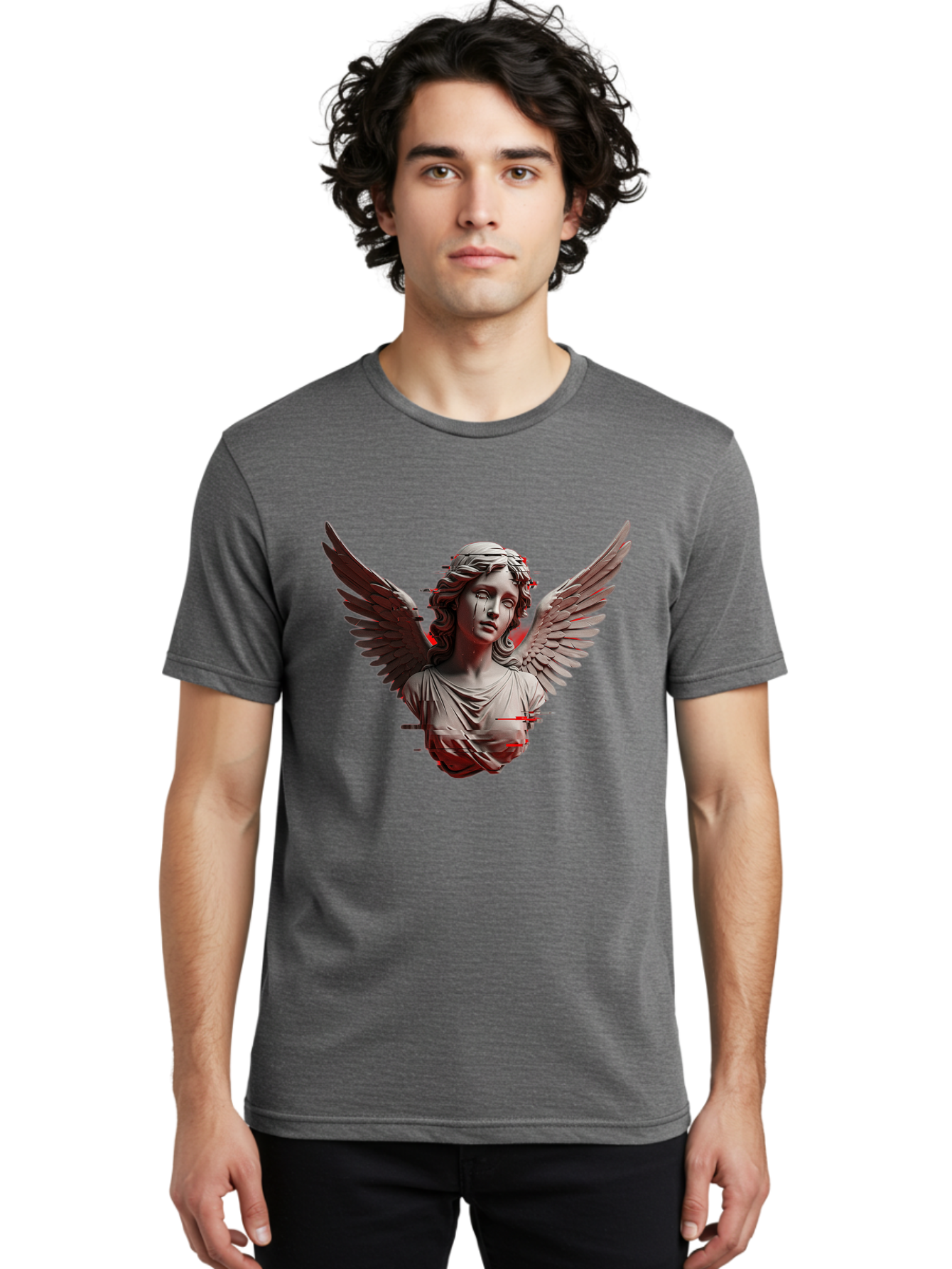 Glitch-Angel-Statue Men'S Graphic Tee, 100% Cotton, Comfortable Casual Summer Wear, Machine Washable, Vintage Camera, Old Camera, Antique Camera, Black Camera, Classic Photography, Photography Equipment, Nostalgic Device, Film Camera, Bam548