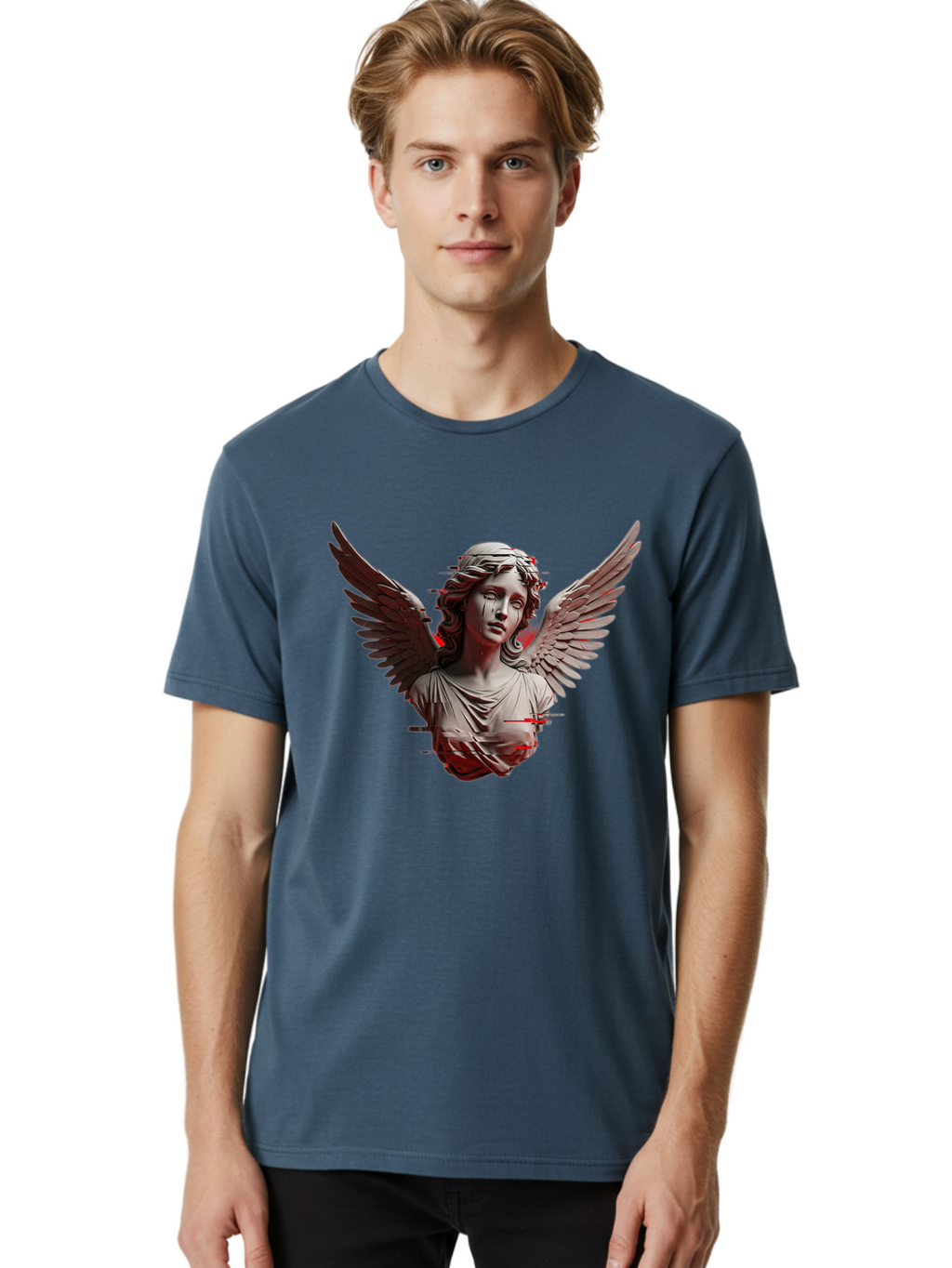 Glitch-Angel-Statue Men'S Graphic Tee, 100% Cotton, Comfortable Casual Summer Wear, Machine Washable, Vintage Camera, Old Camera, Antique Camera, Black Camera, Classic Photography, Photography Equipment, Nostalgic Device, Film Camera, Bam548