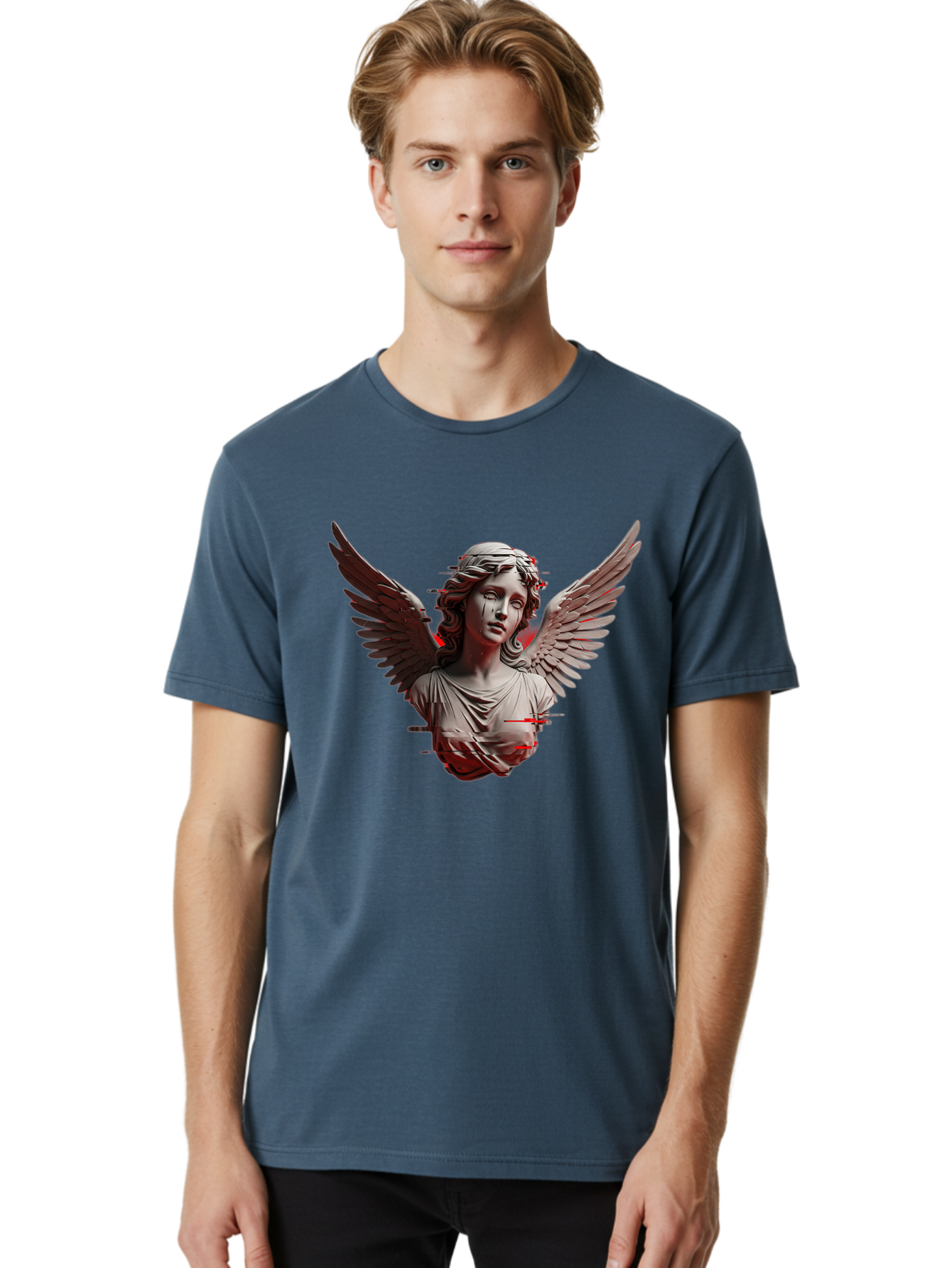 Glitch-Angel-Statue Men'S Graphic Tee, 100% Cotton, Comfortable Casual Summer Wear, Machine Washable, Vintage Camera, Old Camera, Antique Camera, Black Camera, Classic Photography, Photography Equipment, Nostalgic Device, Film Camera, Bam548
