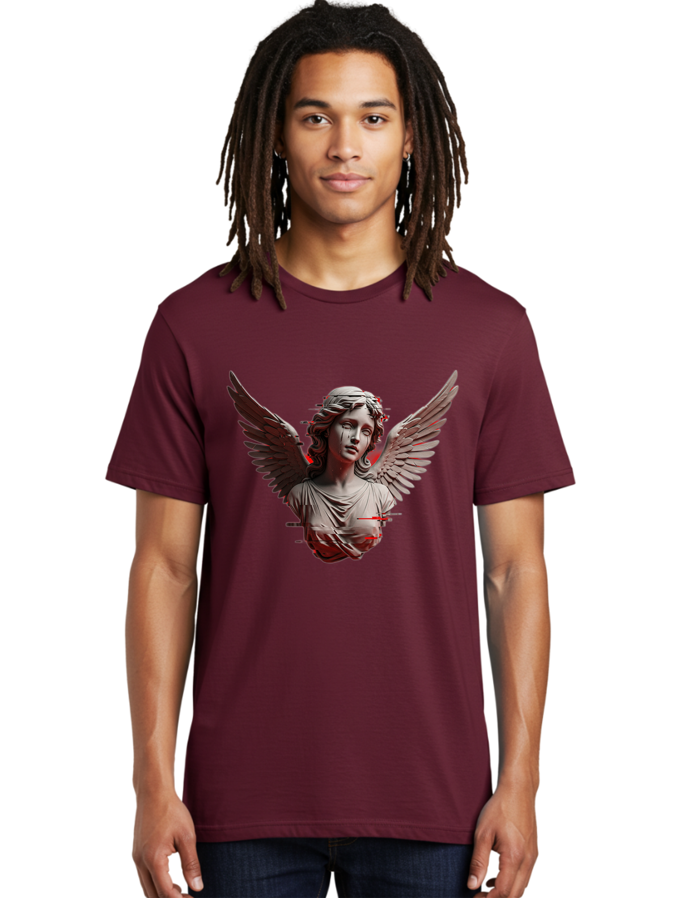Glitch-Angel-Statue Men'S Graphic Tee, 100% Cotton, Comfortable Casual Summer Wear, Machine Washable, Vintage Camera, Old Camera, Antique Camera, Black Camera, Classic Photography, Photography Equipment, Nostalgic Device, Film Camera, Bam548