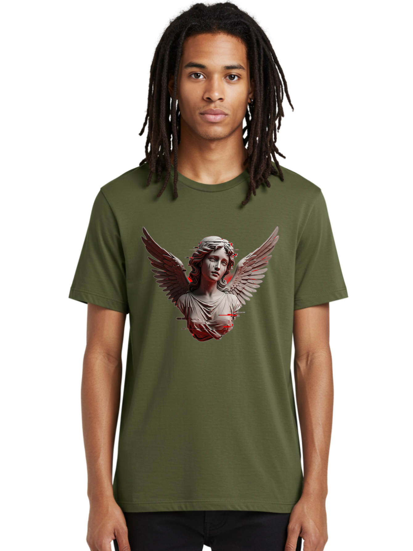 Glitch-Angel-Statue Men'S Graphic Tee, 100% Cotton, Comfortable Casual Summer Wear, Machine Washable, Vintage Camera, Old Camera, Antique Camera, Black Camera, Classic Photography, Photography Equipment, Nostalgic Device, Film Camera, Bam548