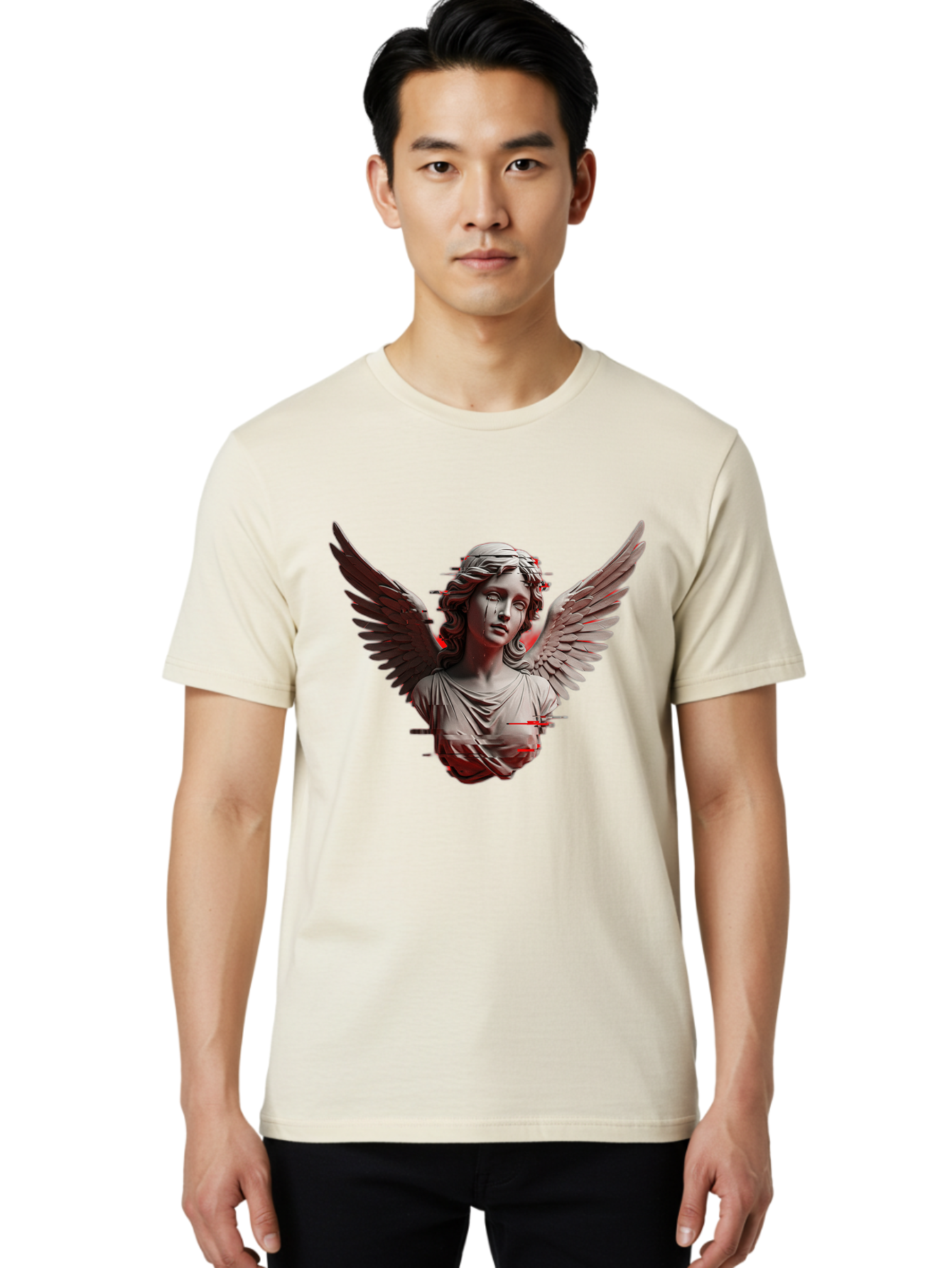 Glitch-Angel-Statue Men'S Graphic Tee, 100% Cotton, Comfortable Casual Summer Wear, Machine Washable, Vintage Camera, Old Camera, Antique Camera, Black Camera, Classic Photography, Photography Equipment, Nostalgic Device, Film Camera, Bam548