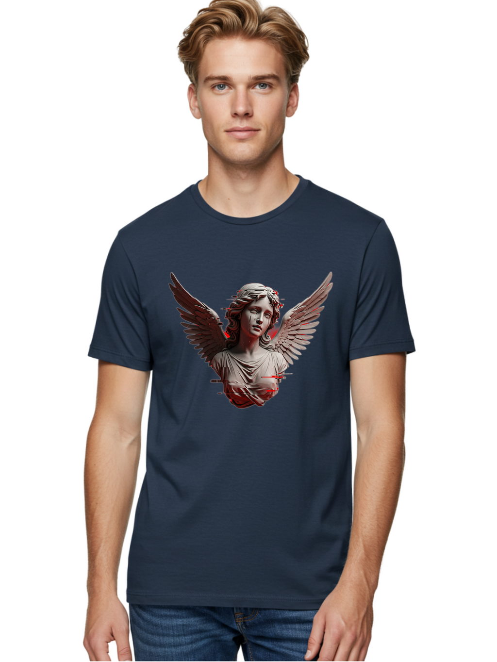 Glitch-Angel-Statue Men'S Graphic Tee, 100% Cotton, Comfortable Casual Summer Wear, Machine Washable, Vintage Camera, Old Camera, Antique Camera, Black Camera, Classic Photography, Photography Equipment, Nostalgic Device, Film Camera, Bam548