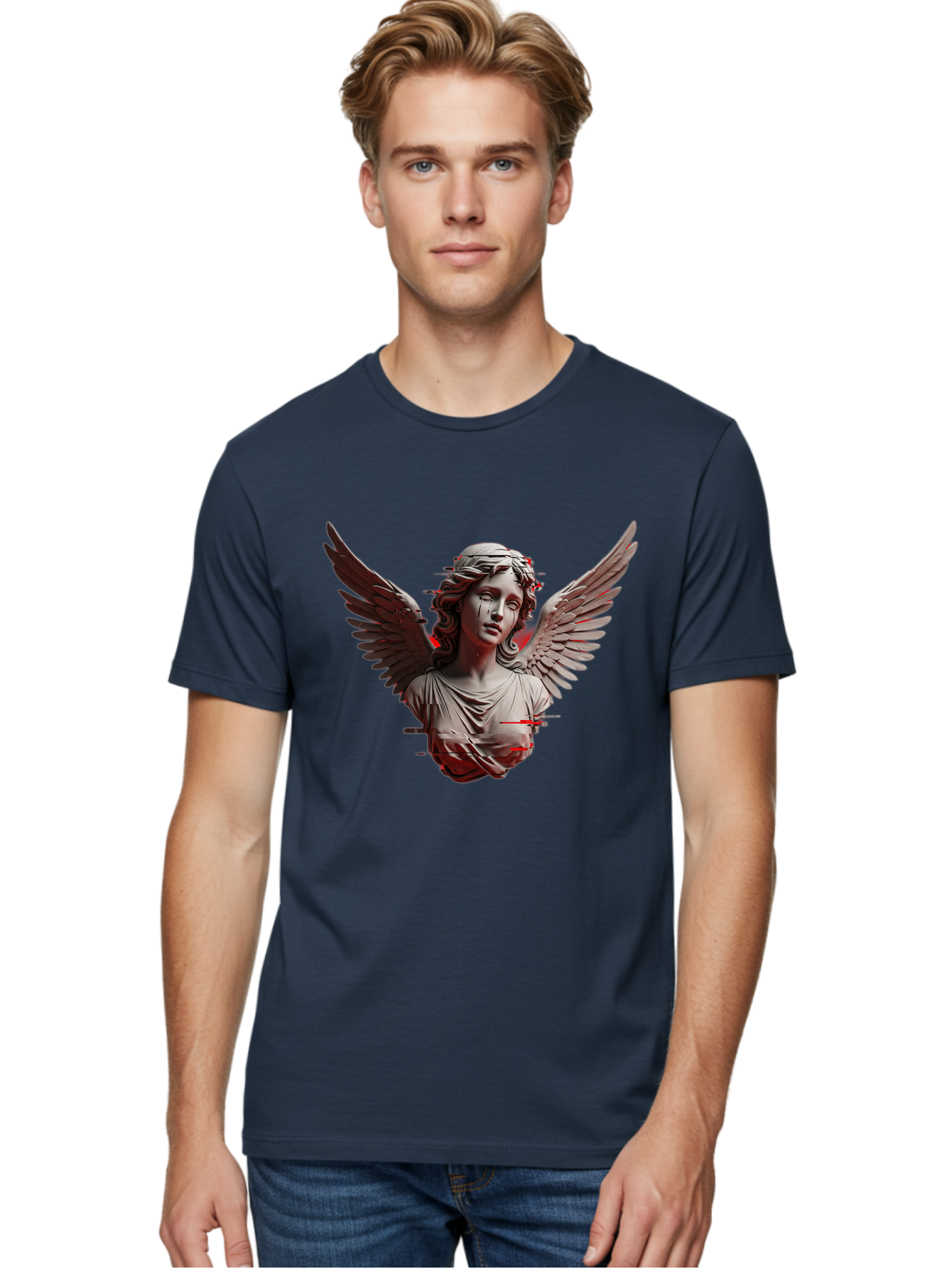 Glitch-Angel-Statue Men'S Graphic Tee, 100% Cotton, Comfortable Casual Summer Wear, Machine Washable, Vintage Camera, Old Camera, Antique Camera, Black Camera, Classic Photography, Photography Equipment, Nostalgic Device, Film Camera, Bam548
