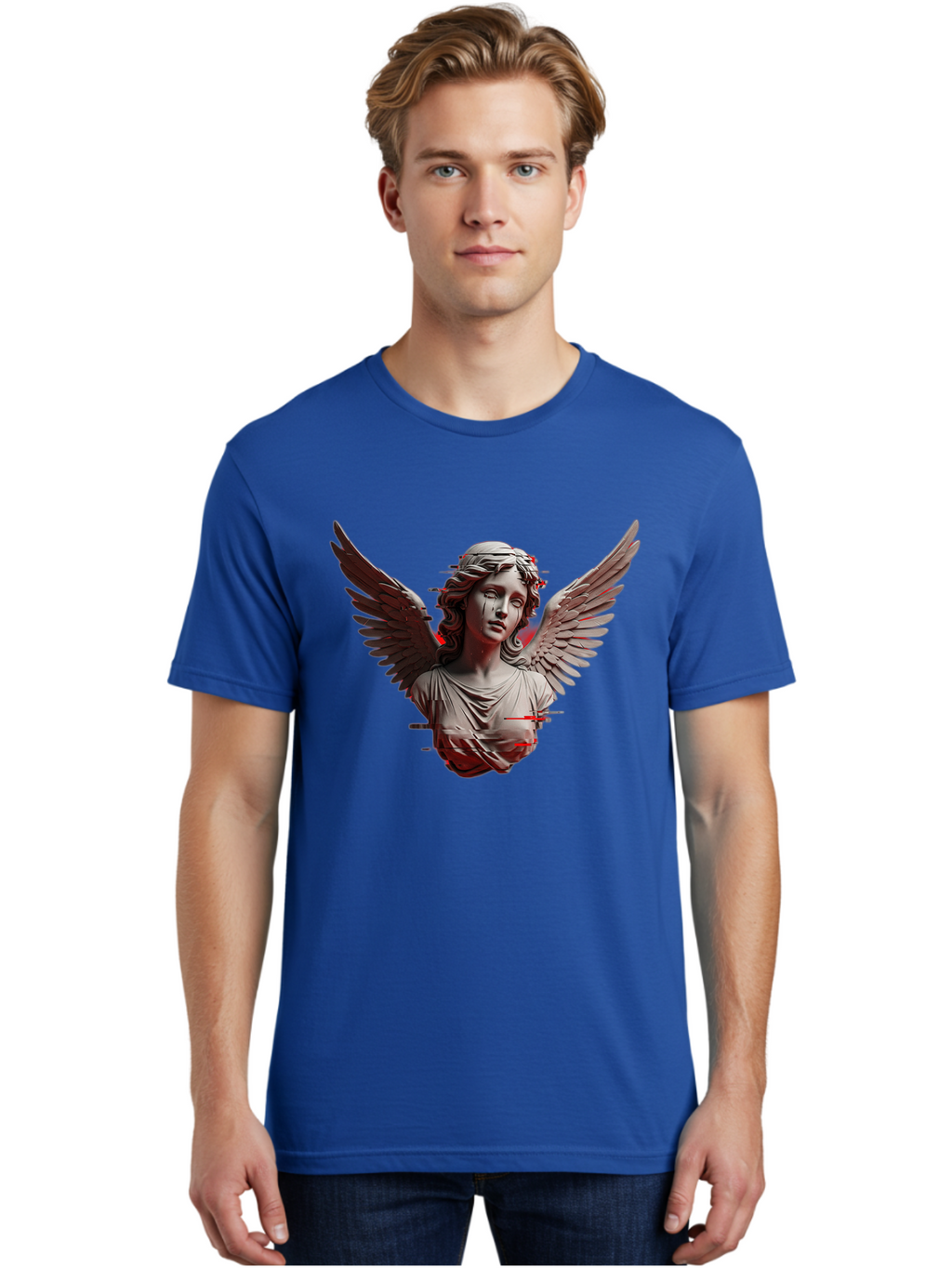 Glitch-Angel-Statue Men'S Graphic Tee, 100% Cotton, Comfortable Casual Summer Wear, Machine Washable, Vintage Camera, Old Camera, Antique Camera, Black Camera, Classic Photography, Photography Equipment, Nostalgic Device, Film Camera, Bam548