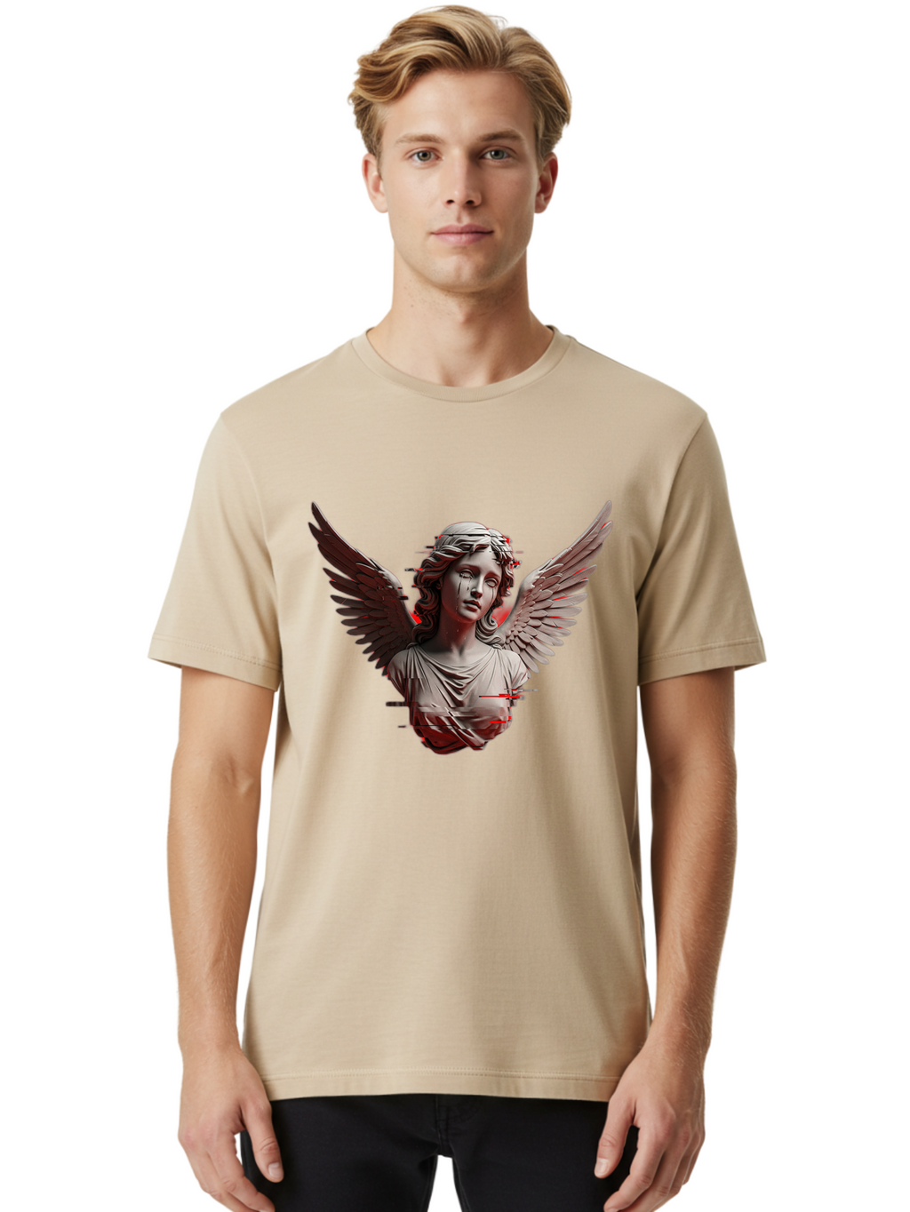 Glitch-Angel-Statue Men'S Graphic Tee, 100% Cotton, Comfortable Casual Summer Wear, Machine Washable, Vintage Camera, Old Camera, Antique Camera, Black Camera, Classic Photography, Photography Equipment, Nostalgic Device, Film Camera, Bam548