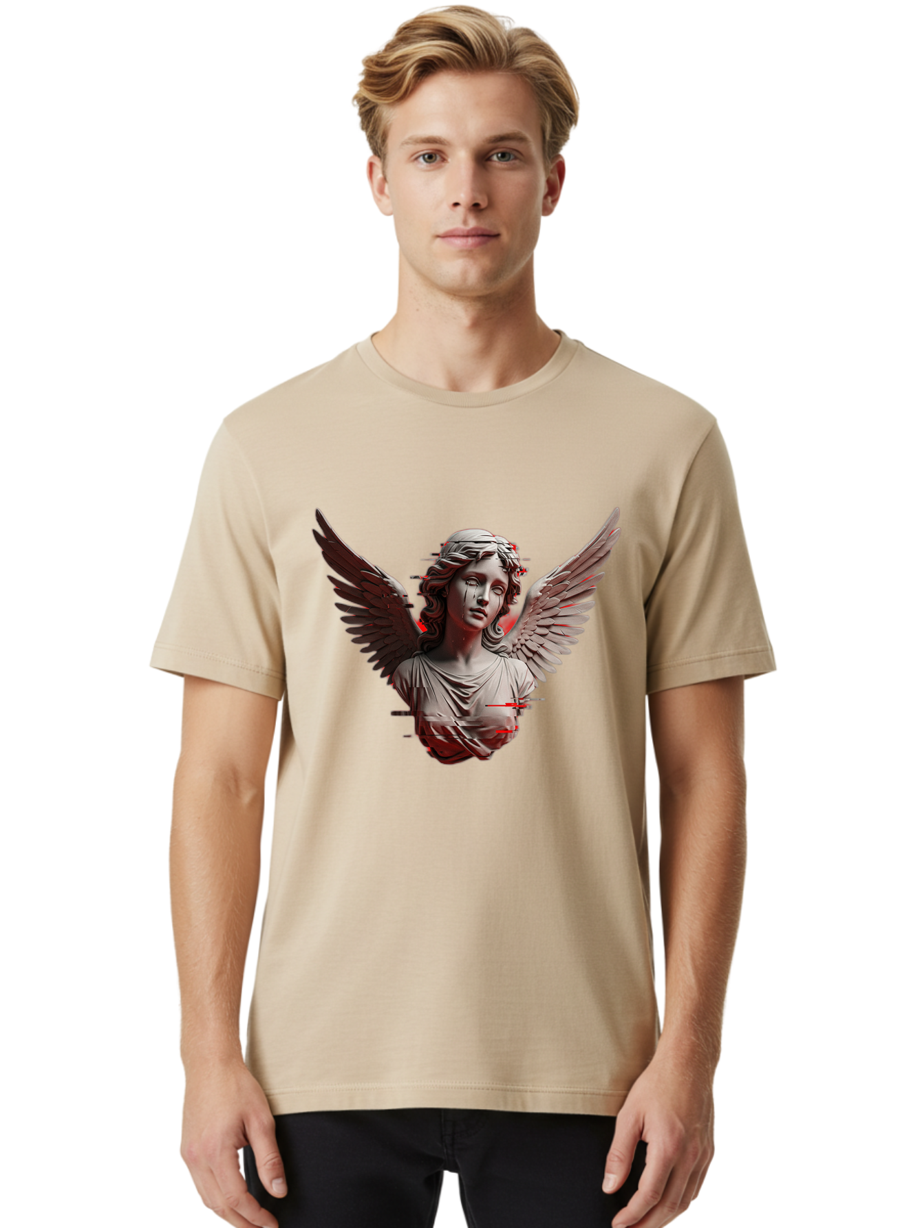 Glitch-Angel-Statue Men'S Graphic Tee, 100% Cotton, Comfortable Casual Summer Wear, Machine Washable, Vintage Camera, Old Camera, Antique Camera, Black Camera, Classic Photography, Photography Equipment, Nostalgic Device, Film Camera, Bam548