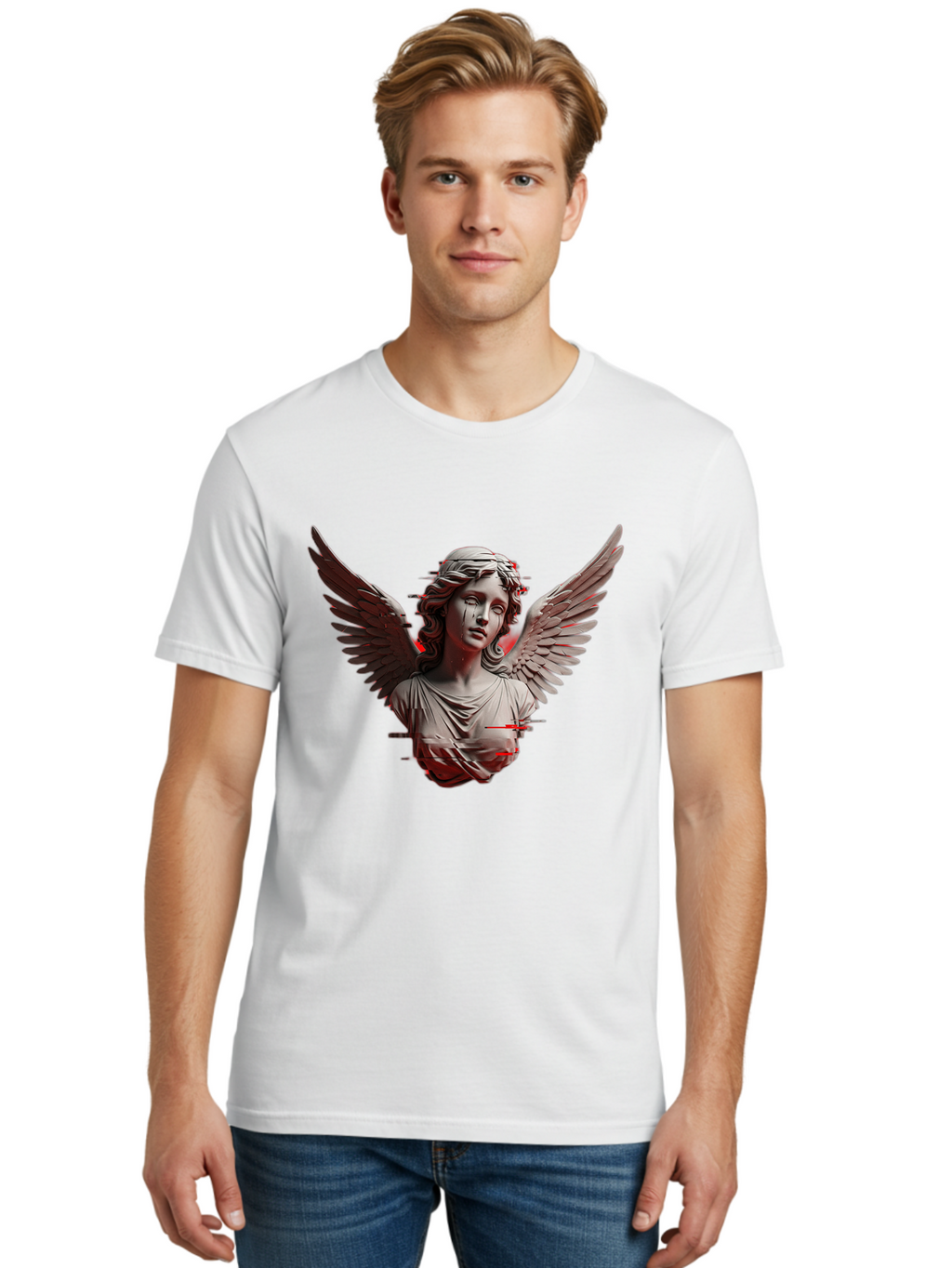 Glitch-Angel-Statue Men'S Graphic Tee, 100% Cotton, Comfortable Casual Summer Wear, Machine Washable, Vintage Camera, Old Camera, Antique Camera, Black Camera, Classic Photography, Photography Equipment, Nostalgic Device, Film Camera, Bam548