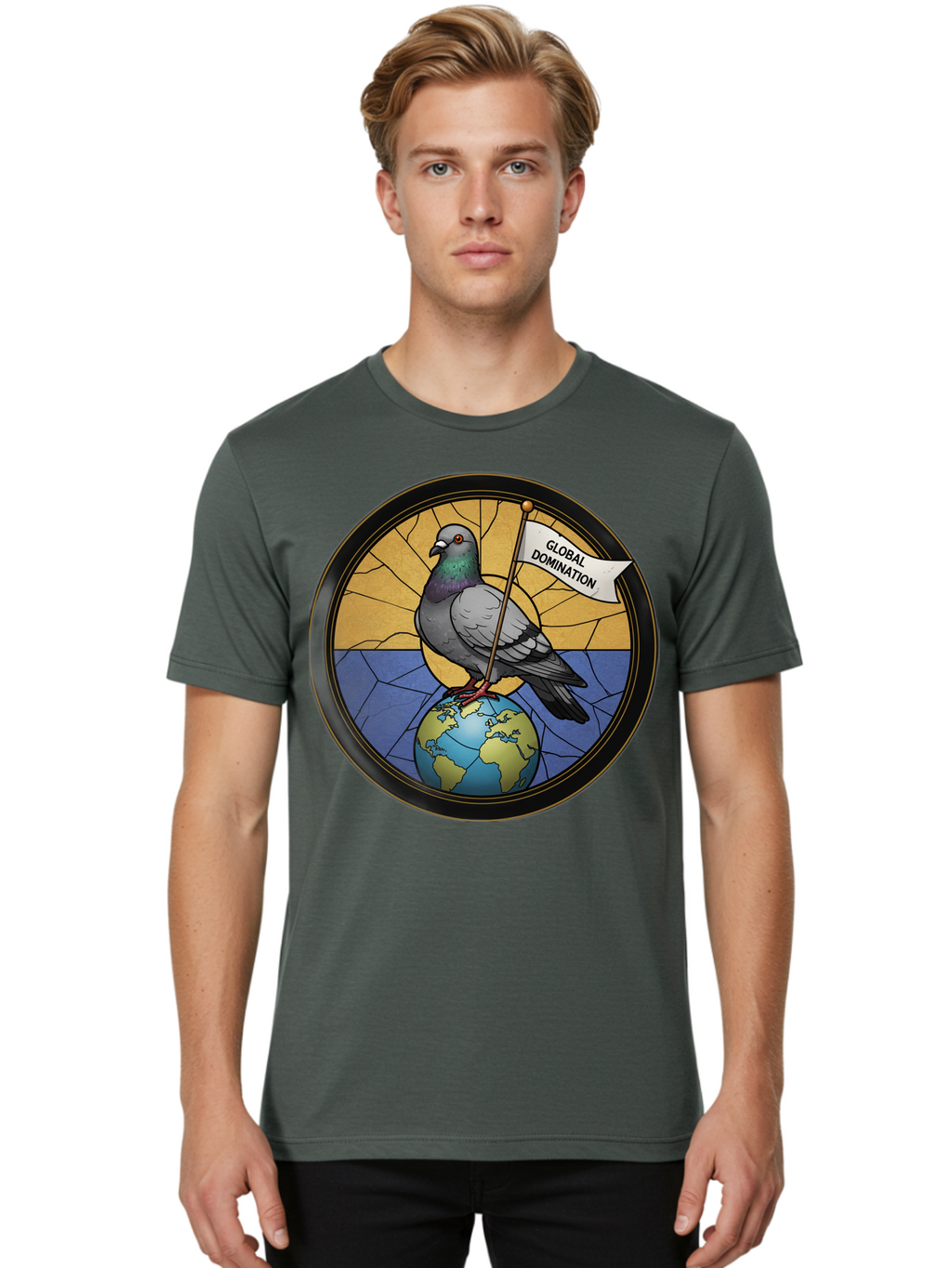 Global-Domination-Pigeon Men'S Graphic Tee, 100% Cotton, Comfortable Casual Summer Wear, Machine Washable, Vintage Camera, Old Camera, Antique Camera, Black Camera, Classic Photography, Photography Equipment, Nostalgic Device, Film Camera, Bam549