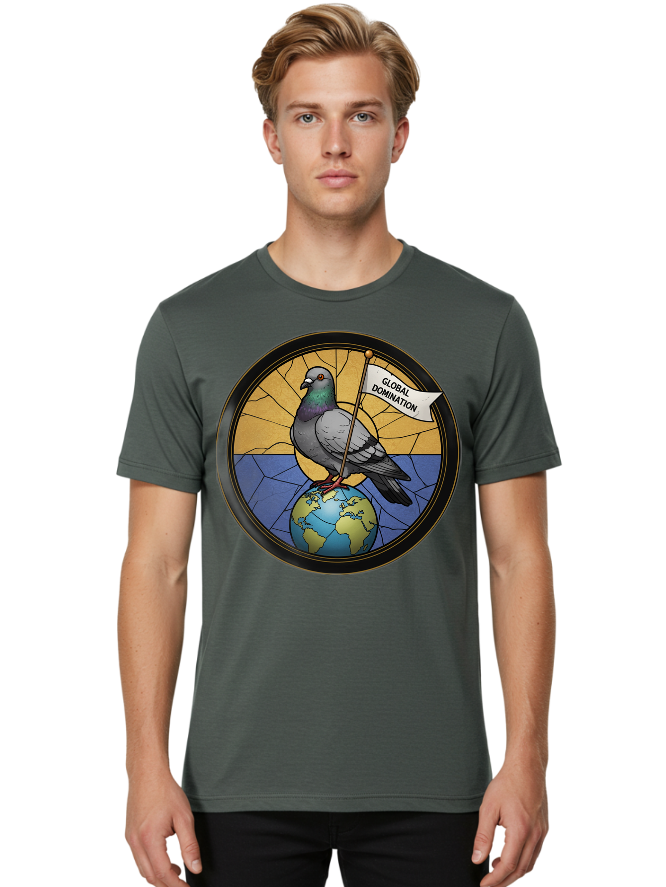 Global-Domination-Pigeon Men'S Graphic Tee, 100% Cotton, Comfortable Casual Summer Wear, Machine Washable, Vintage Camera, Old Camera, Antique Camera, Black Camera, Classic Photography, Photography Equipment, Nostalgic Device, Film Camera, Bam549