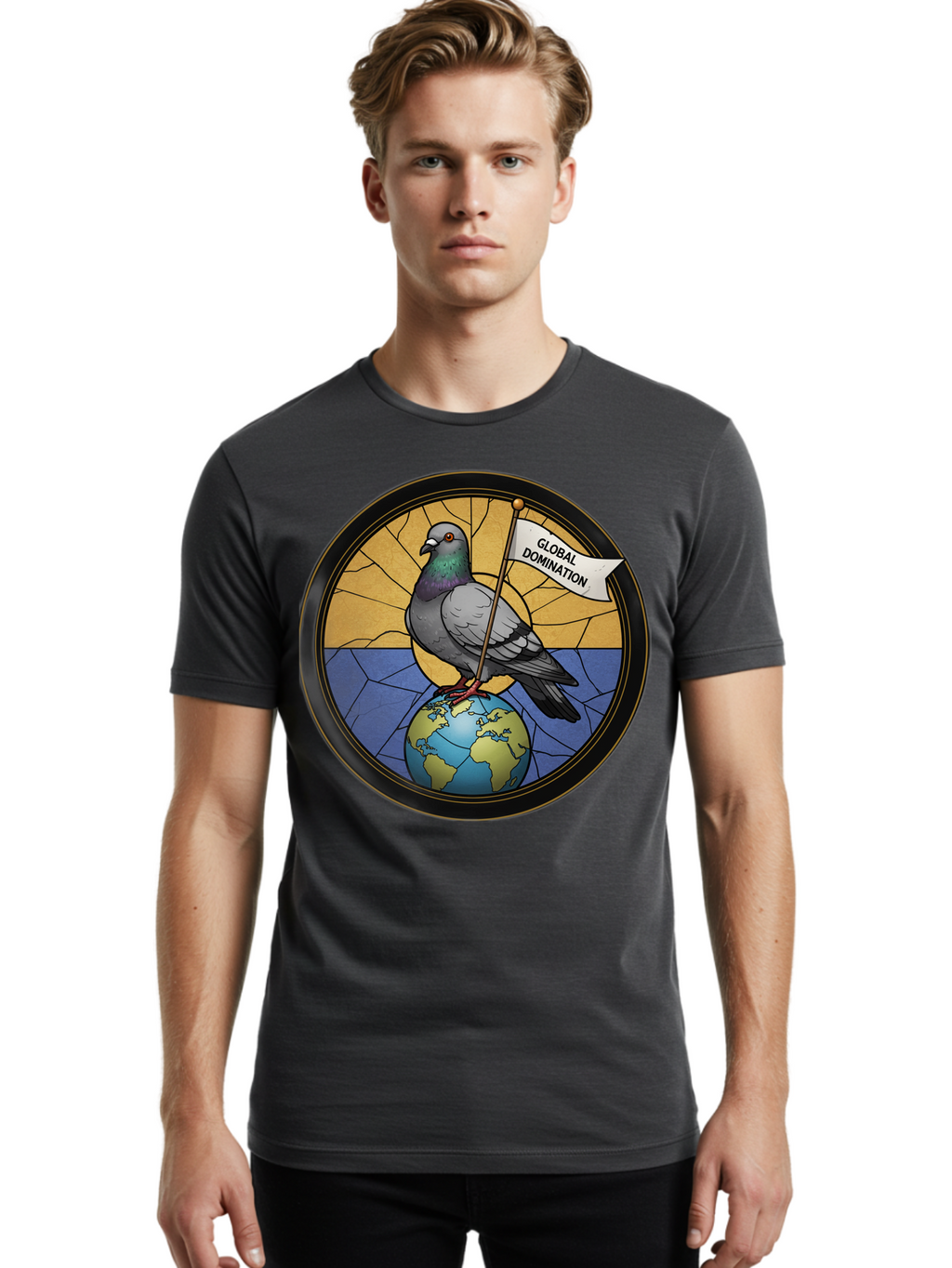 Global-Domination-Pigeon Men'S Graphic Tee, 100% Cotton, Comfortable Casual Summer Wear, Machine Washable, Vintage Camera, Old Camera, Antique Camera, Black Camera, Classic Photography, Photography Equipment, Nostalgic Device, Film Camera, Bam549