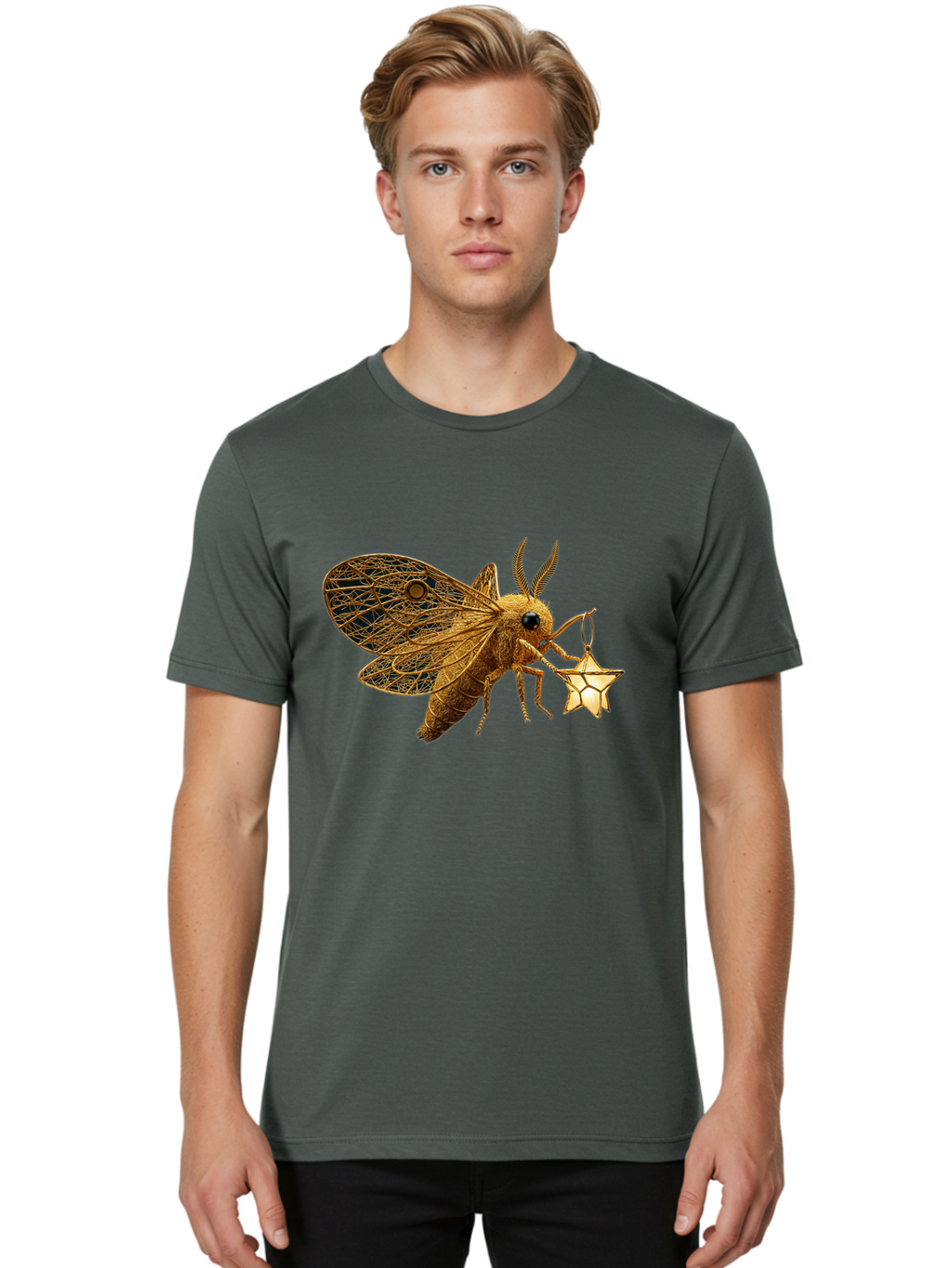 Golden-Bee-Holding-Star Men'S Graphic Tee, 100% Cotton, Comfortable Casual Summer Wear, Machine Washable, Vintage Camera, Old Camera, Antique Camera, Black Camera, Classic Photography, Photography Equipment, Nostalgic Device, Film Camera, Bam557