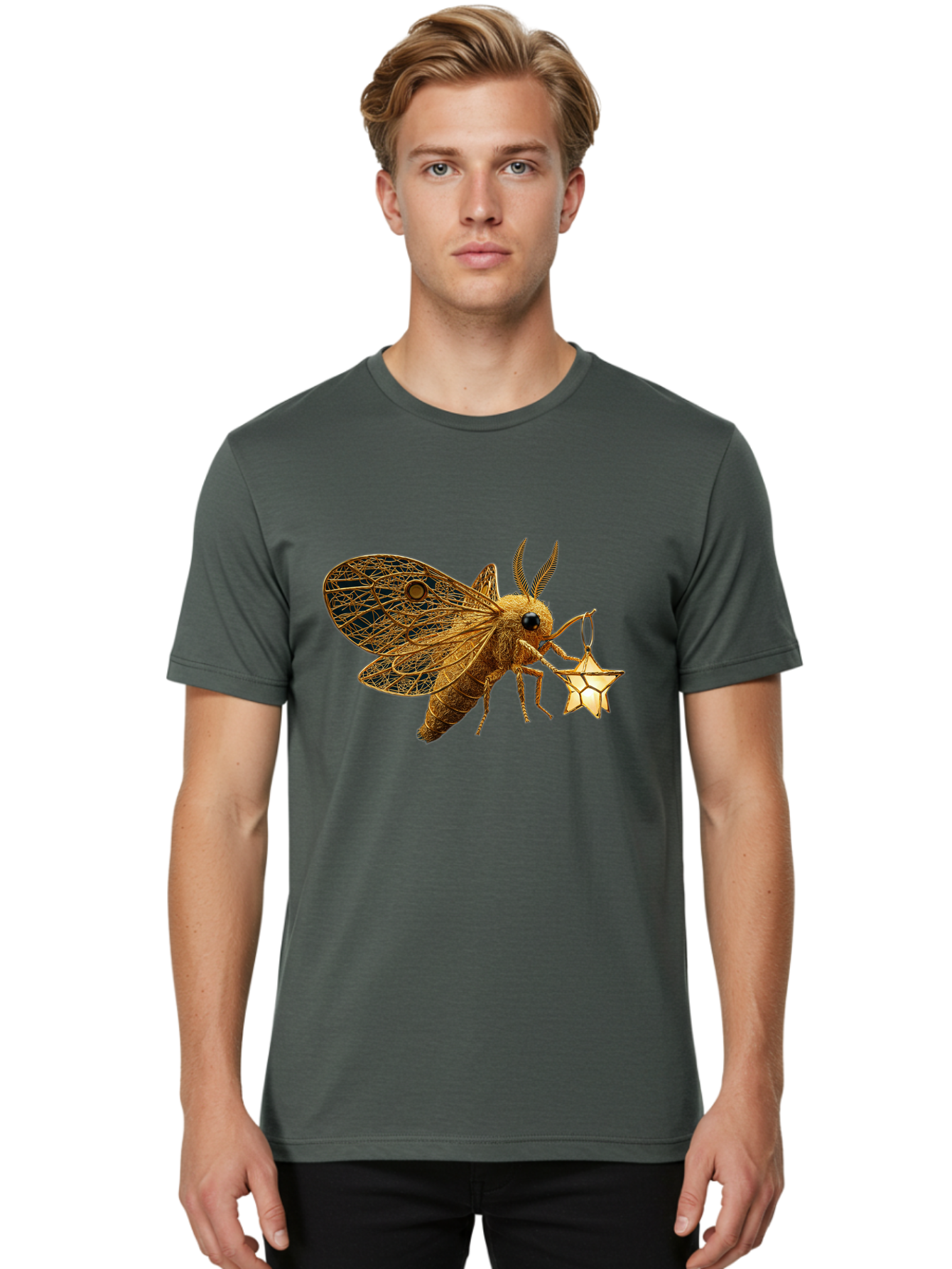 Golden-Bee-Holding-Star Men'S Graphic Tee, 100% Cotton, Comfortable Casual Summer Wear, Machine Washable, Vintage Camera, Old Camera, Antique Camera, Black Camera, Classic Photography, Photography Equipment, Nostalgic Device, Film Camera, Bam557