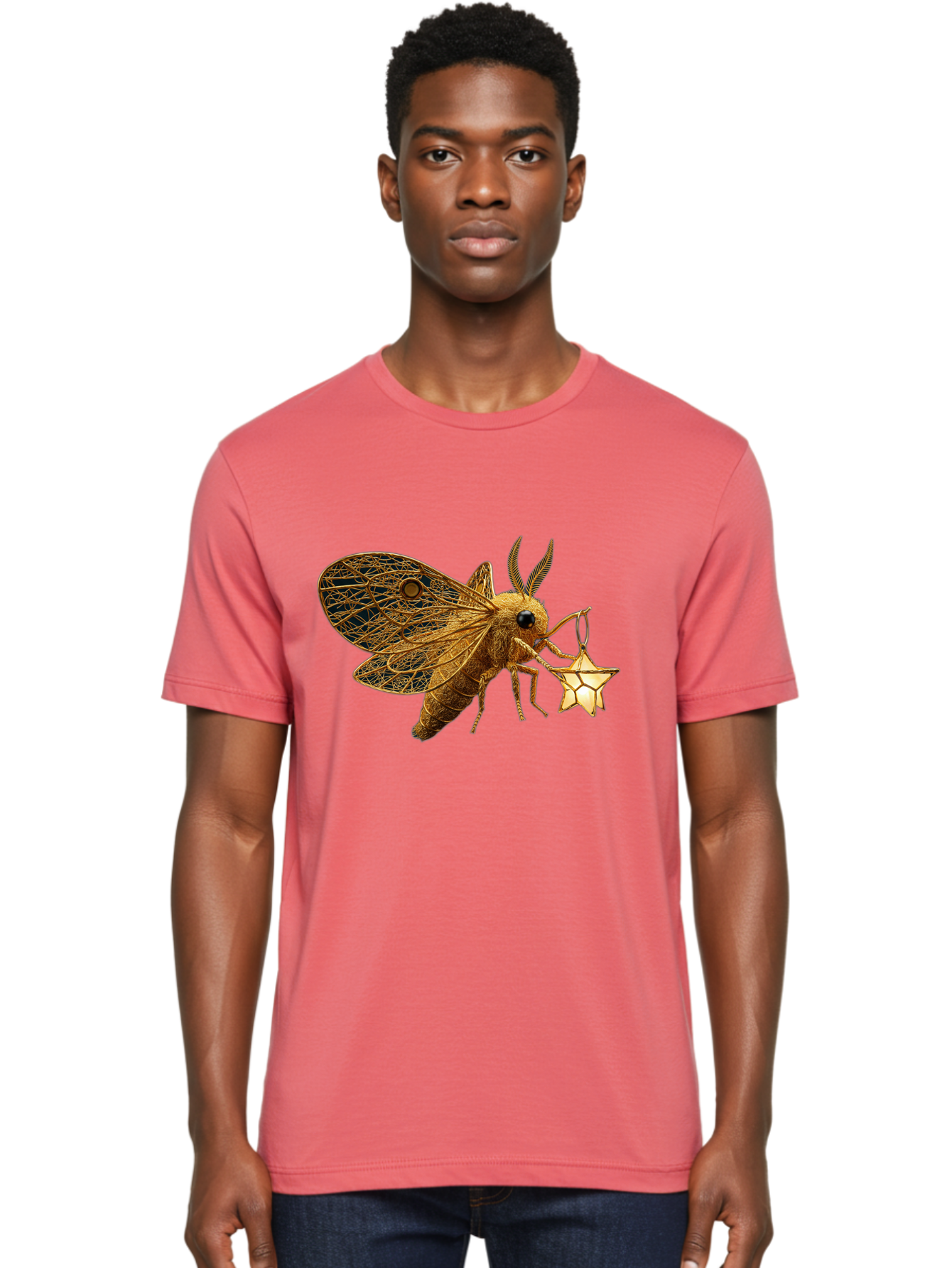 Golden-Bee-Holding-Star Men'S Graphic Tee, 100% Cotton, Comfortable Casual Summer Wear, Machine Washable, Vintage Camera, Old Camera, Antique Camera, Black Camera, Classic Photography, Photography Equipment, Nostalgic Device, Film Camera, Bam557