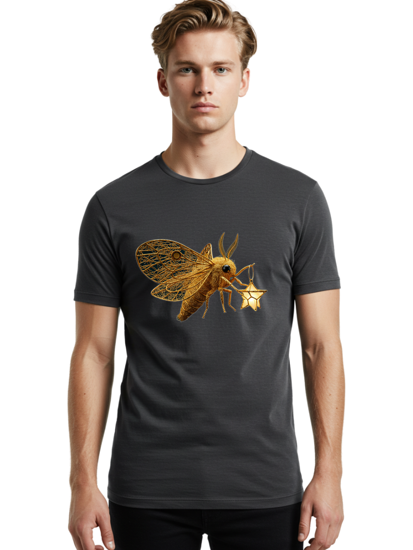 Golden-Bee-Holding-Star Men'S Graphic Tee, 100% Cotton, Comfortable Casual Summer Wear, Machine Washable, Vintage Camera, Old Camera, Antique Camera, Black Camera, Classic Photography, Photography Equipment, Nostalgic Device, Film Camera, Bam557