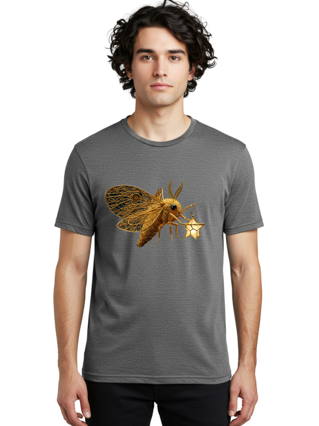 Golden-Bee-Holding-Star Men'S Graphic Tee, 100% Cotton, Comfortable Casual Summer Wear, Machine Washable, Vintage Camera, Old Camera, Antique Camera, Black Camera, Classic Photography, Photography Equipment, Nostalgic Device, Film Camera, Bam557