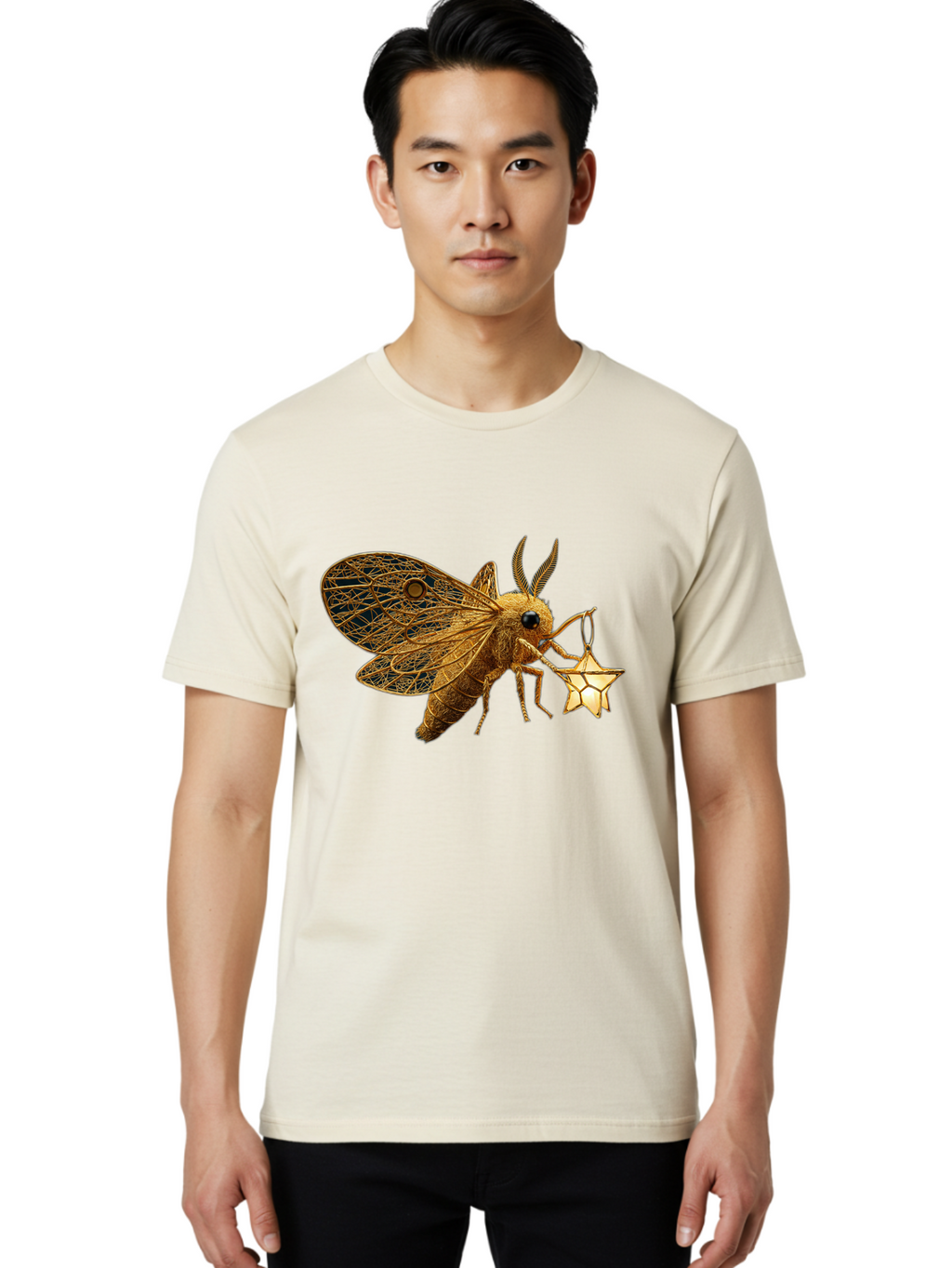 Golden-Bee-Holding-Star Men'S Graphic Tee, 100% Cotton, Comfortable Casual Summer Wear, Machine Washable, Vintage Camera, Old Camera, Antique Camera, Black Camera, Classic Photography, Photography Equipment, Nostalgic Device, Film Camera, Bam557