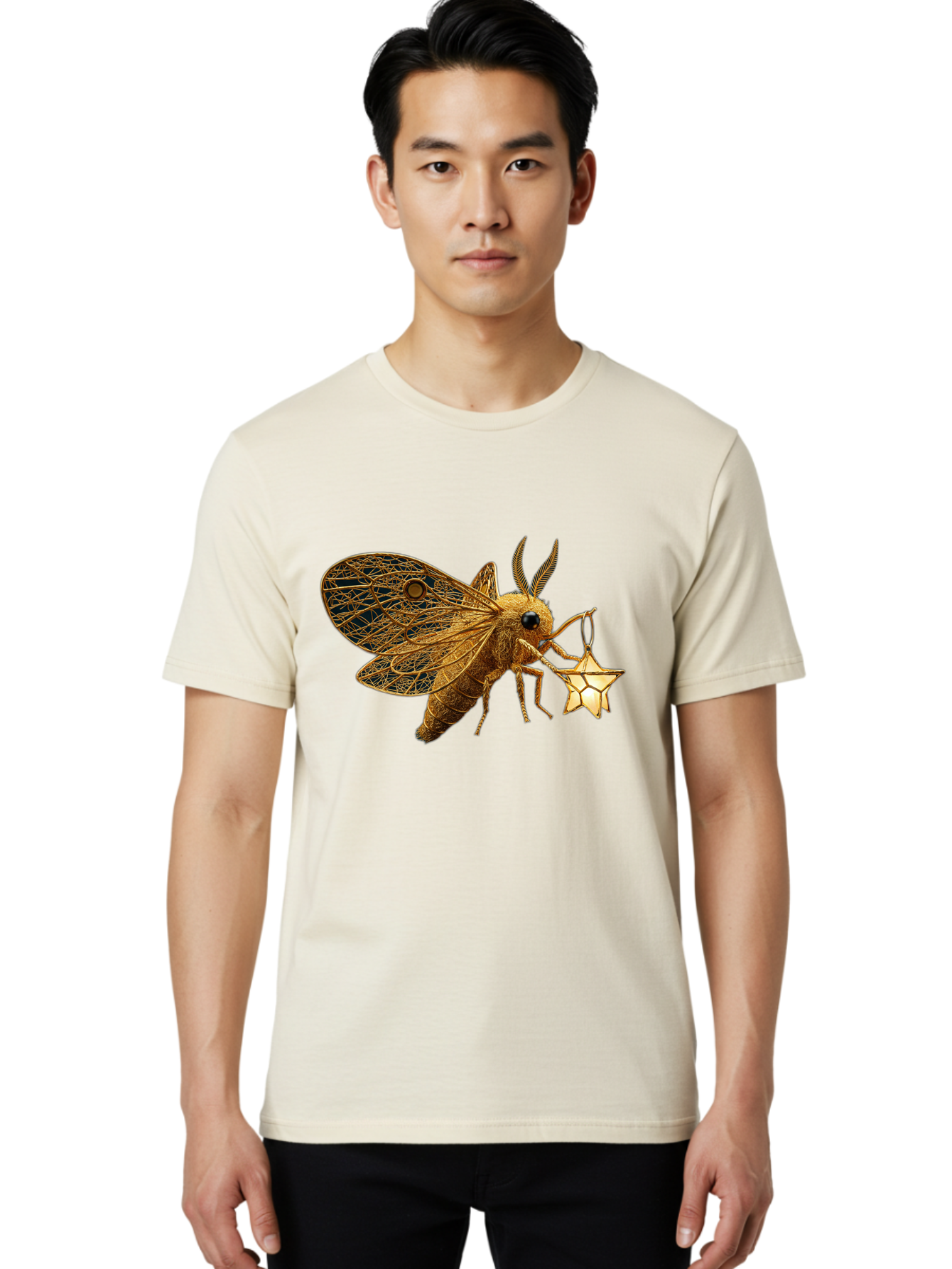 Golden-Bee-Holding-Star Men'S Graphic Tee, 100% Cotton, Comfortable Casual Summer Wear, Machine Washable, Vintage Camera, Old Camera, Antique Camera, Black Camera, Classic Photography, Photography Equipment, Nostalgic Device, Film Camera, Bam557