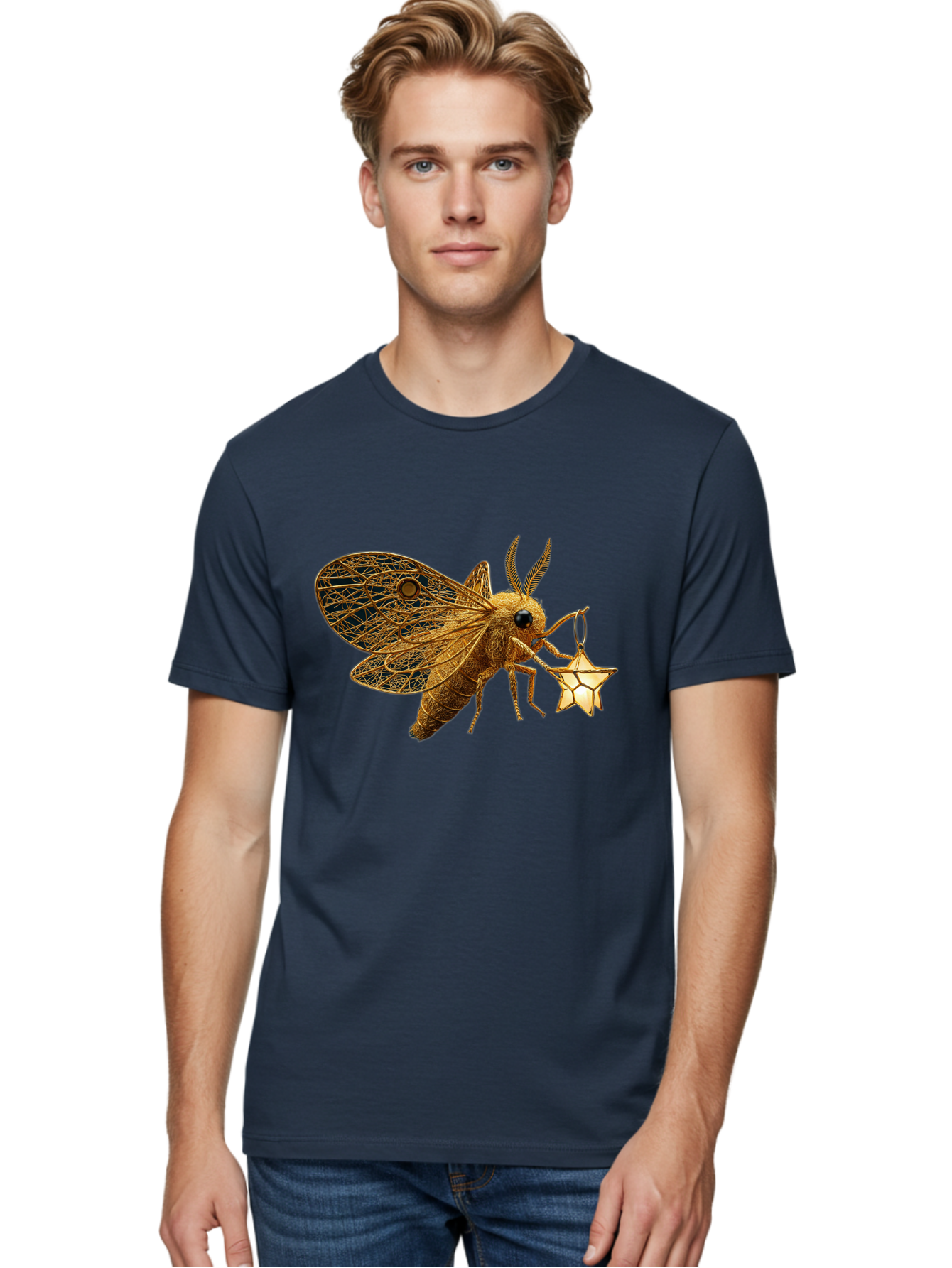 Golden-Bee-Holding-Star Men'S Graphic Tee, 100% Cotton, Comfortable Casual Summer Wear, Machine Washable, Vintage Camera, Old Camera, Antique Camera, Black Camera, Classic Photography, Photography Equipment, Nostalgic Device, Film Camera, Bam557