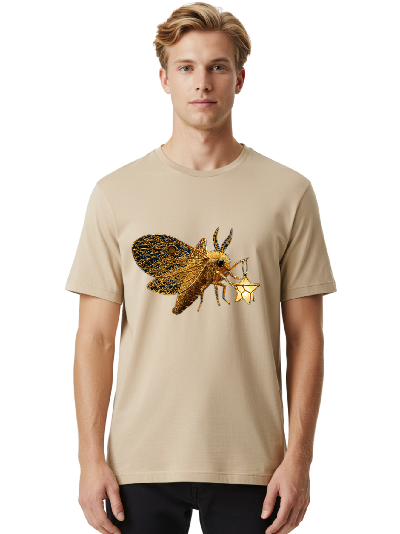 Golden-Bee-Holding-Star Men'S Graphic Tee, 100% Cotton, Comfortable Casual Summer Wear, Machine Washable, Vintage Camera, Old Camera, Antique Camera, Black Camera, Classic Photography, Photography Equipment, Nostalgic Device, Film Camera, Bam557