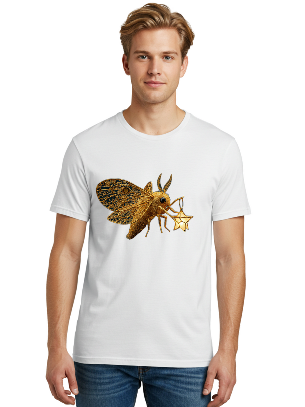 Golden-Bee-Holding-Star Men'S Graphic Tee, 100% Cotton, Comfortable Casual Summer Wear, Machine Washable, Vintage Camera, Old Camera, Antique Camera, Black Camera, Classic Photography, Photography Equipment, Nostalgic Device, Film Camera, Bam557